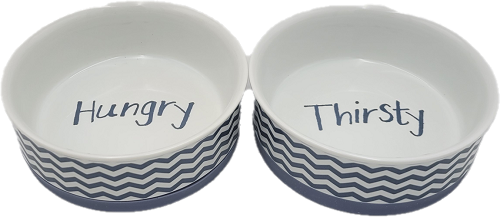 PET BOWL ASSORTED HUNGRY/THIRSTY MEDIUM 6Dx2H CHEVRON FRENCH BLUE