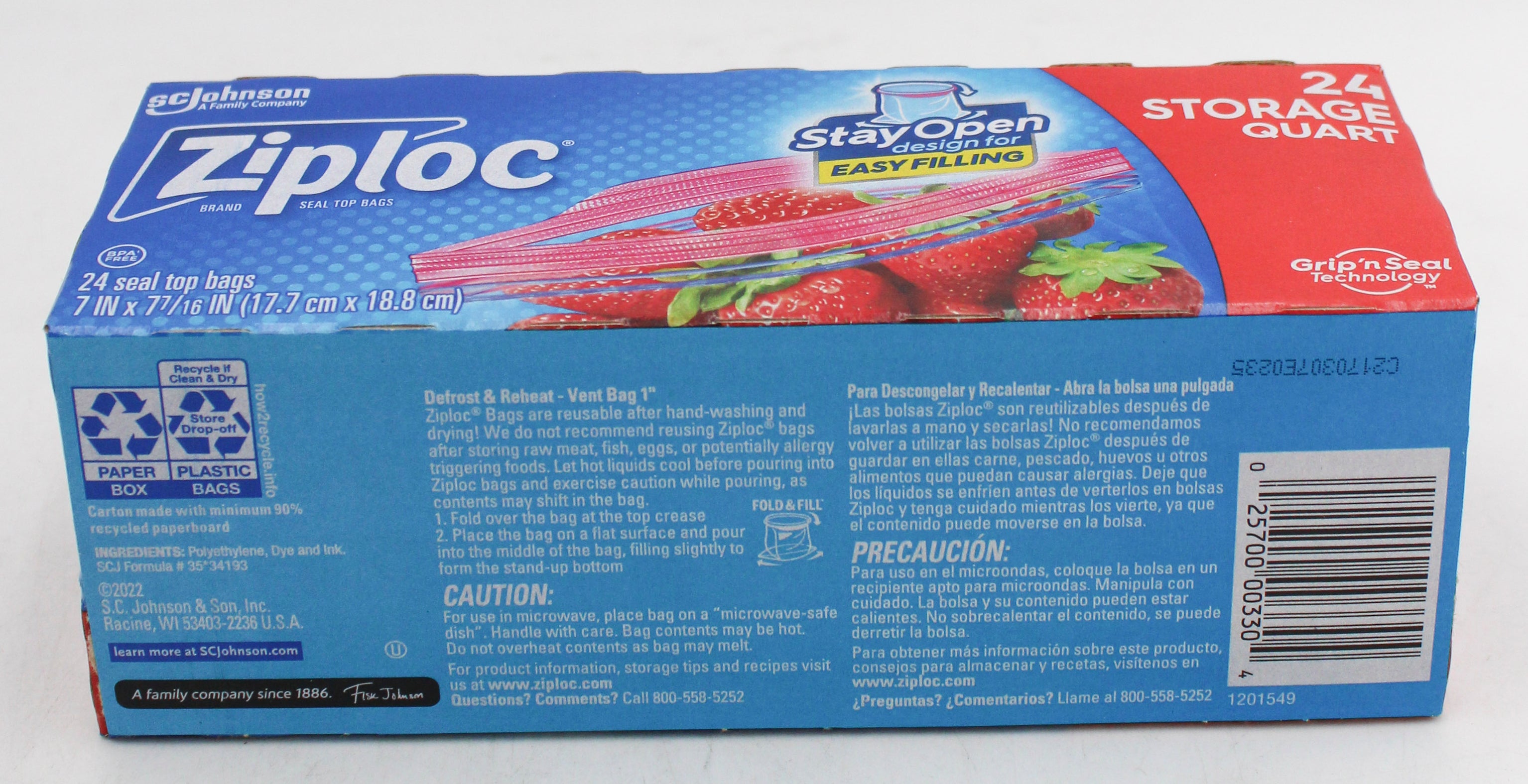 ZIPLOC STAND UP STAY OPEN STORAGE QUART 24ct US