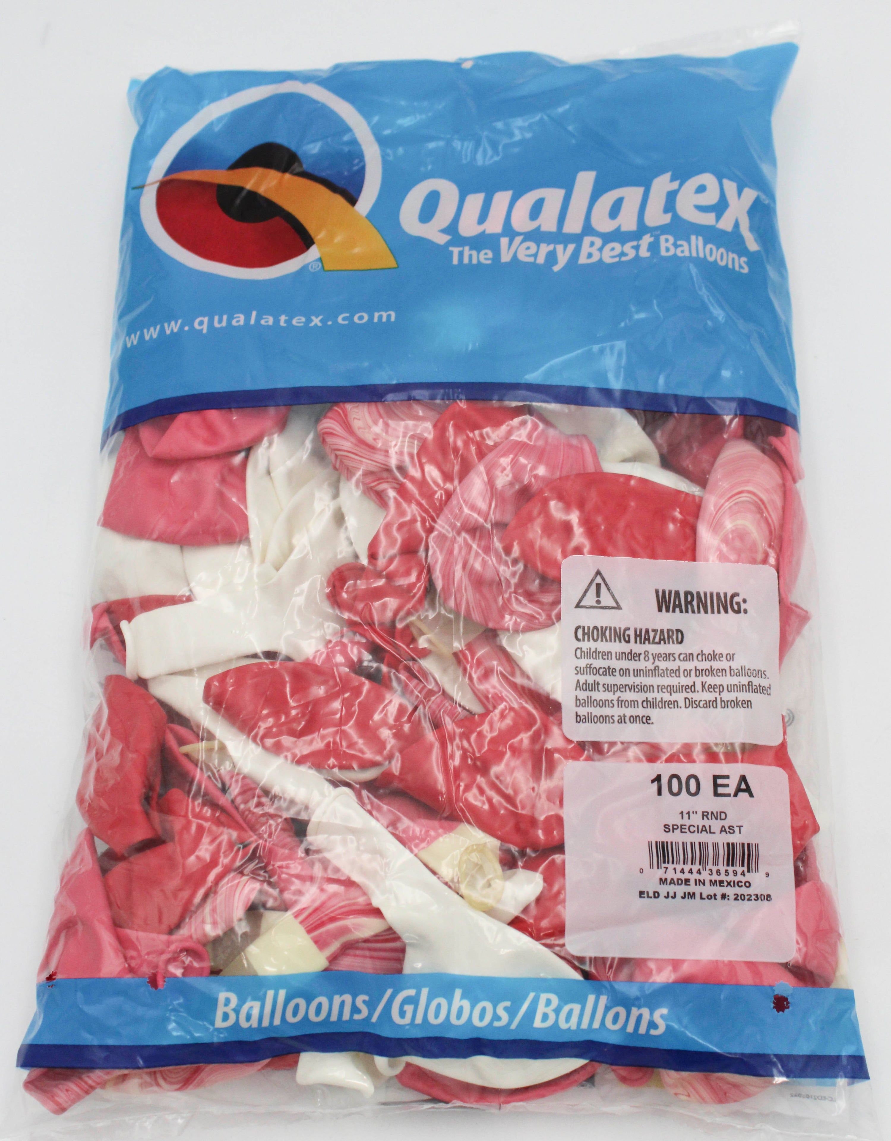 11" ROUND QX LATEX BALLOON 100CT RED/ROS/WHT/RED&WHT AGATE AST