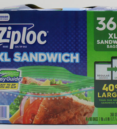 ZIPLOC 90ct SANDWICH XL BAGS 4 PACK TOTAL 360 BAGS  7"x 8"