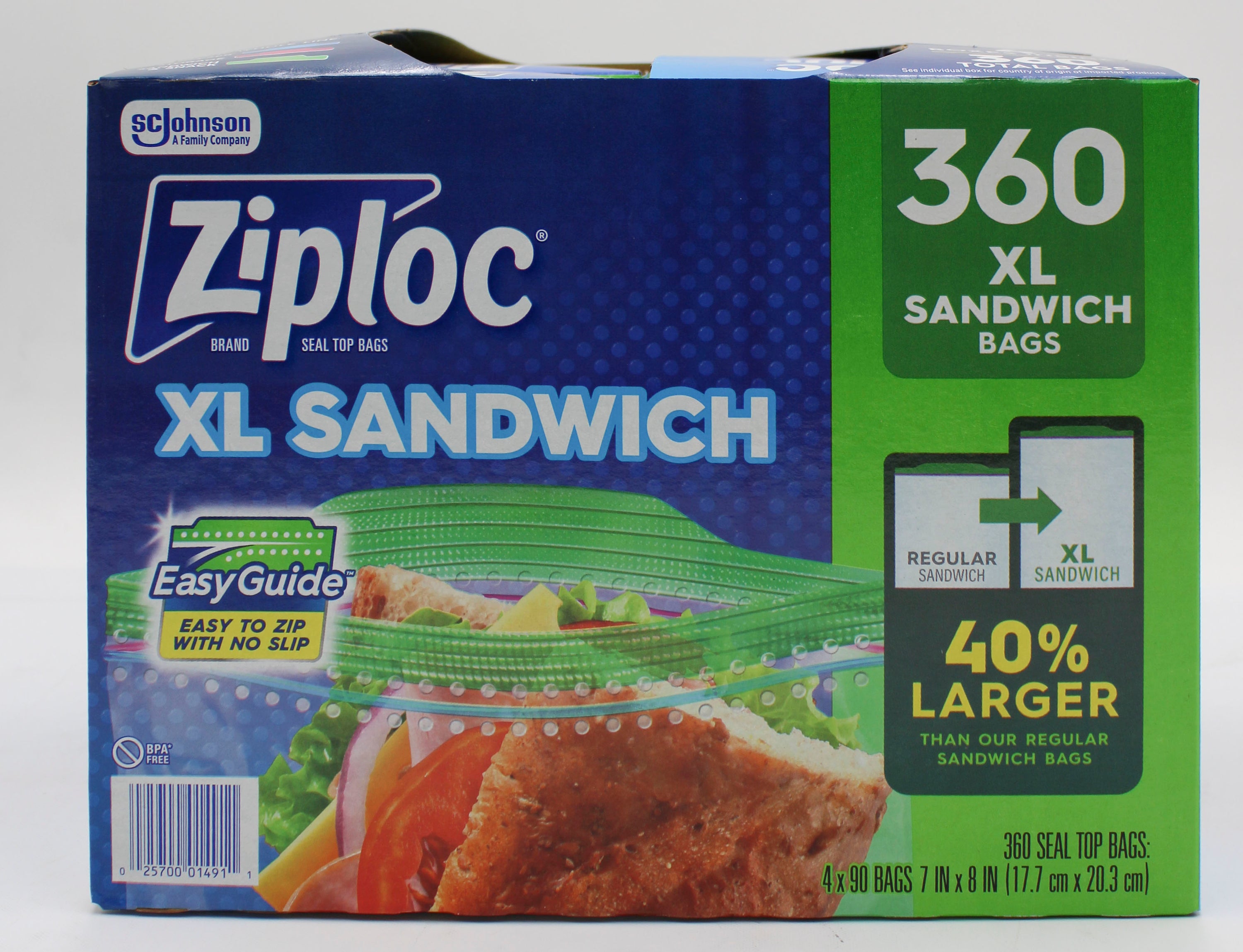 ZIPLOC 90ct SANDWICH XL BAGS 4 PACK TOTAL 360 BAGS  7"x 8"
