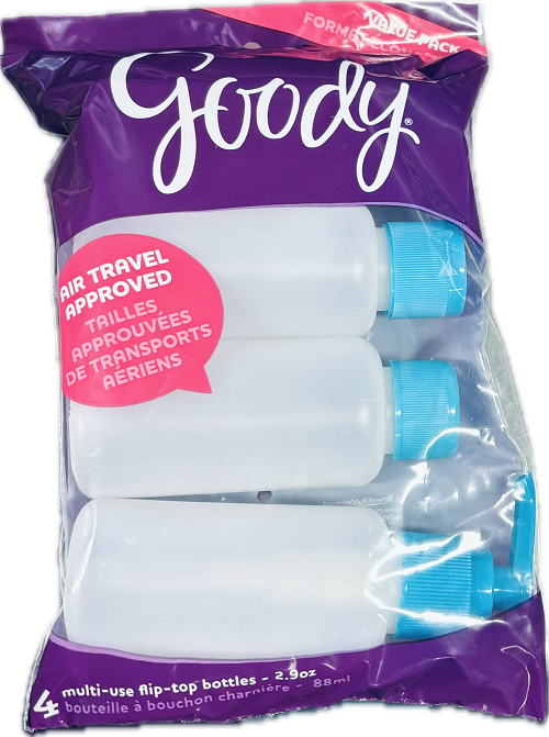 GOODY HAIR TRAVEL 4CT 2.9oz.MULTI-USE FLIP -TOP PLASTIC BOTTLES NI