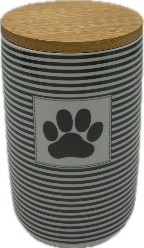 CERAMIC TREAT CANISTER - GRAY STRIPE WITH PAW PATCH