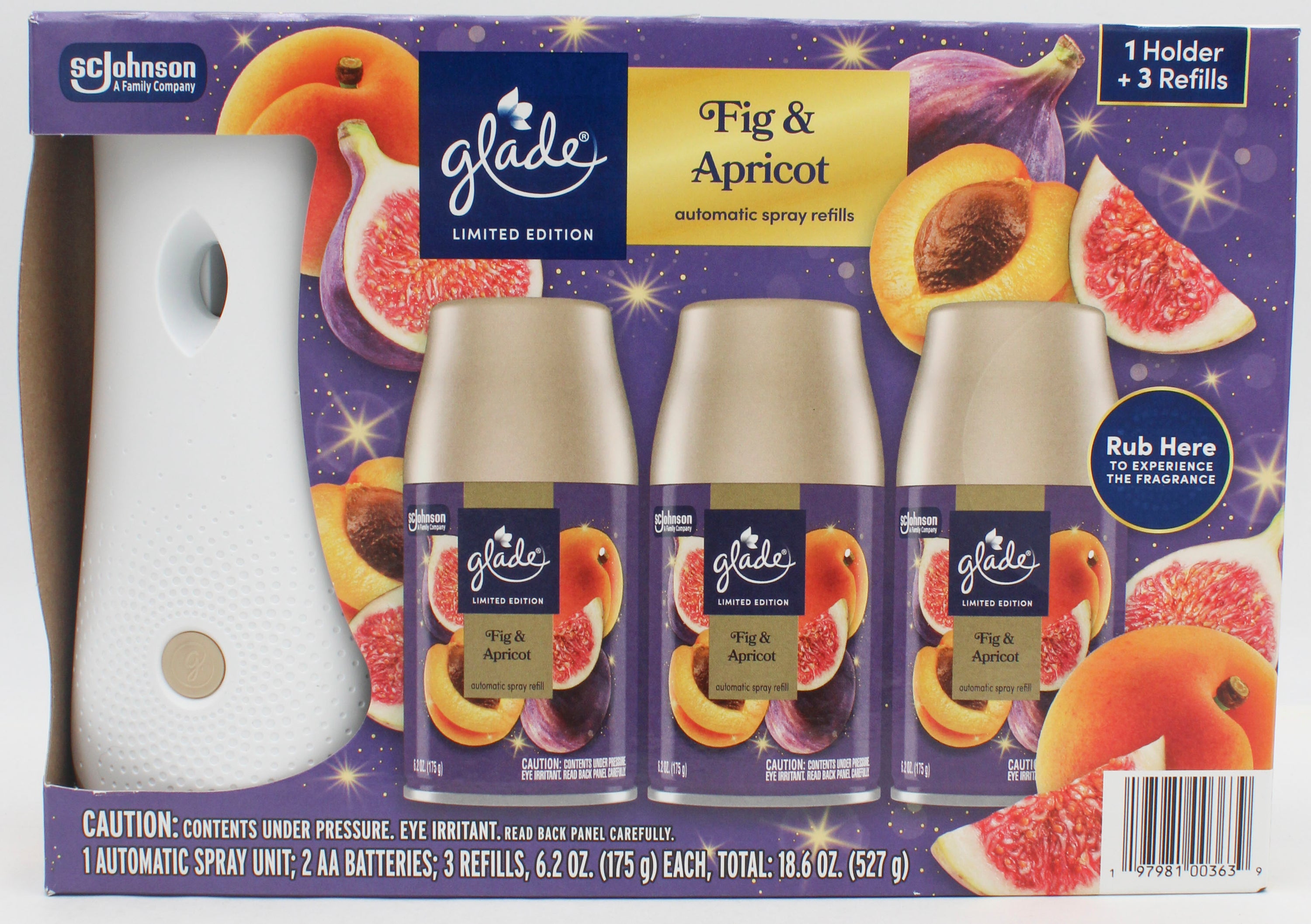 GLADE AUTOMATIC SPRAY KIT FIG & APRICOT 1 SPRAYER + 3 REFILLS 6.2oz US