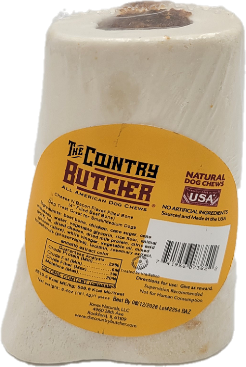 THE COUNTRY BUTCHER NATURAL DOG CHEWS CHEESE N BACON 1CT FILLED BONE 6.4oz BB 12/2/26