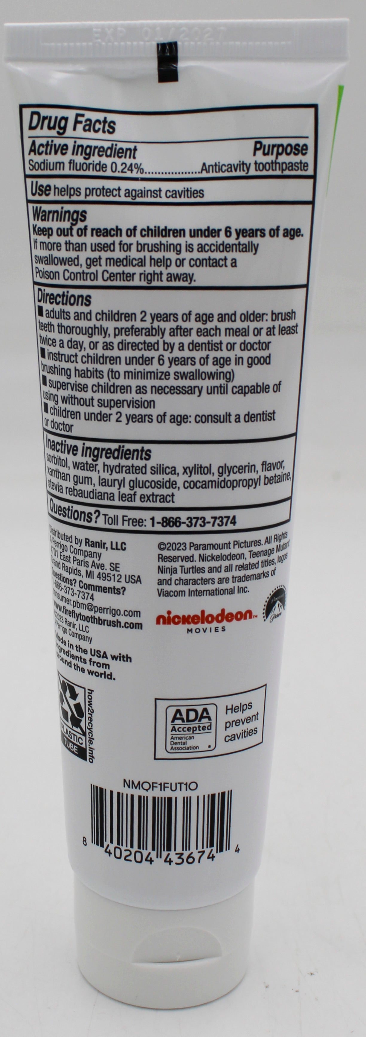 FIREFLY KIDS TOOTHPASTE ANTI-CAVITY FLUORIDE BUBBLEGUM 4.2oz - TEENAGE MUTANT NINJA TURTLES EXP 1/31/27 NI