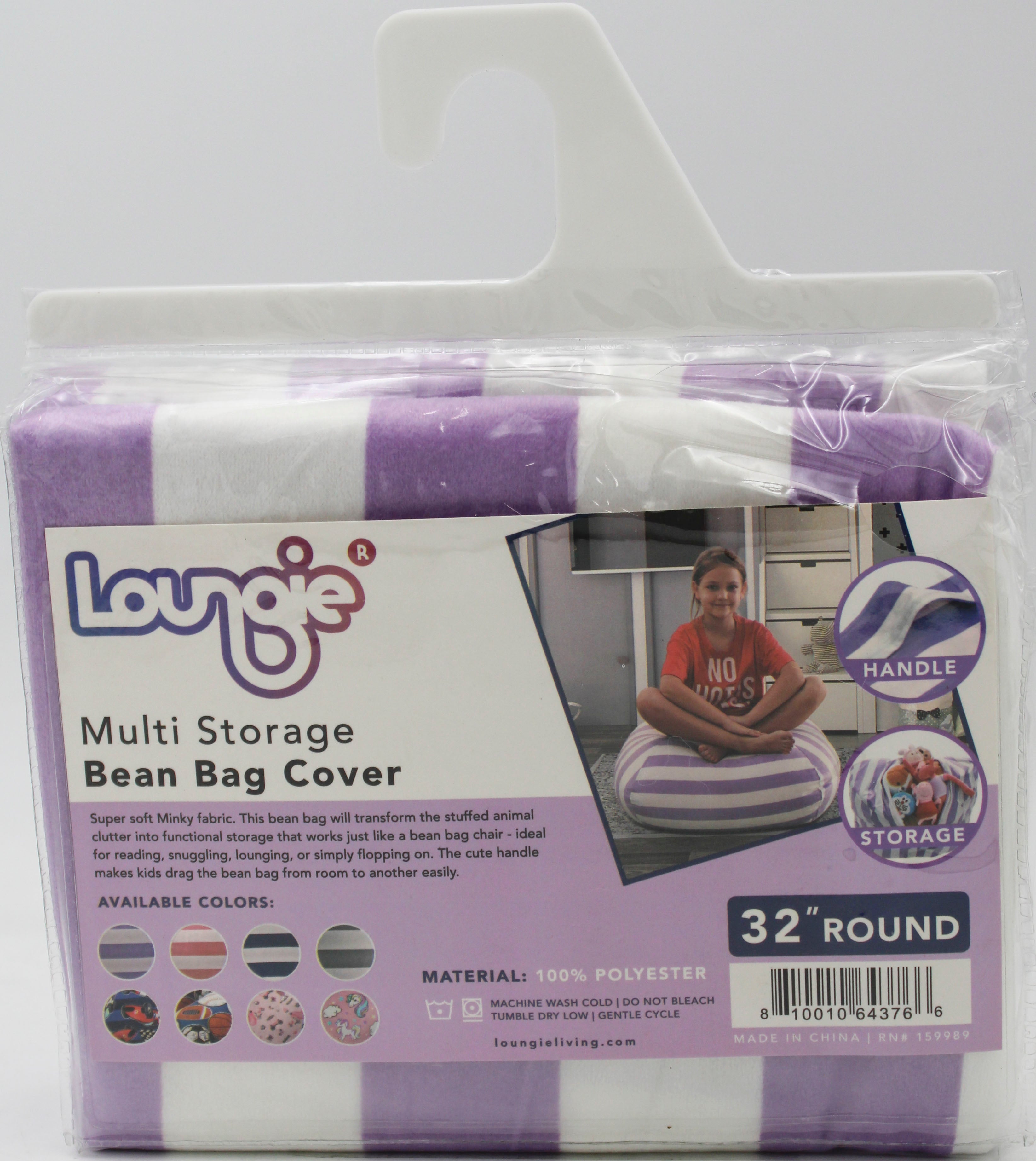 Loungie Bean Bag Chair Cover - Stuffed Animal Storage Bean Bag Cover 32" Round, Striped Lavender and White