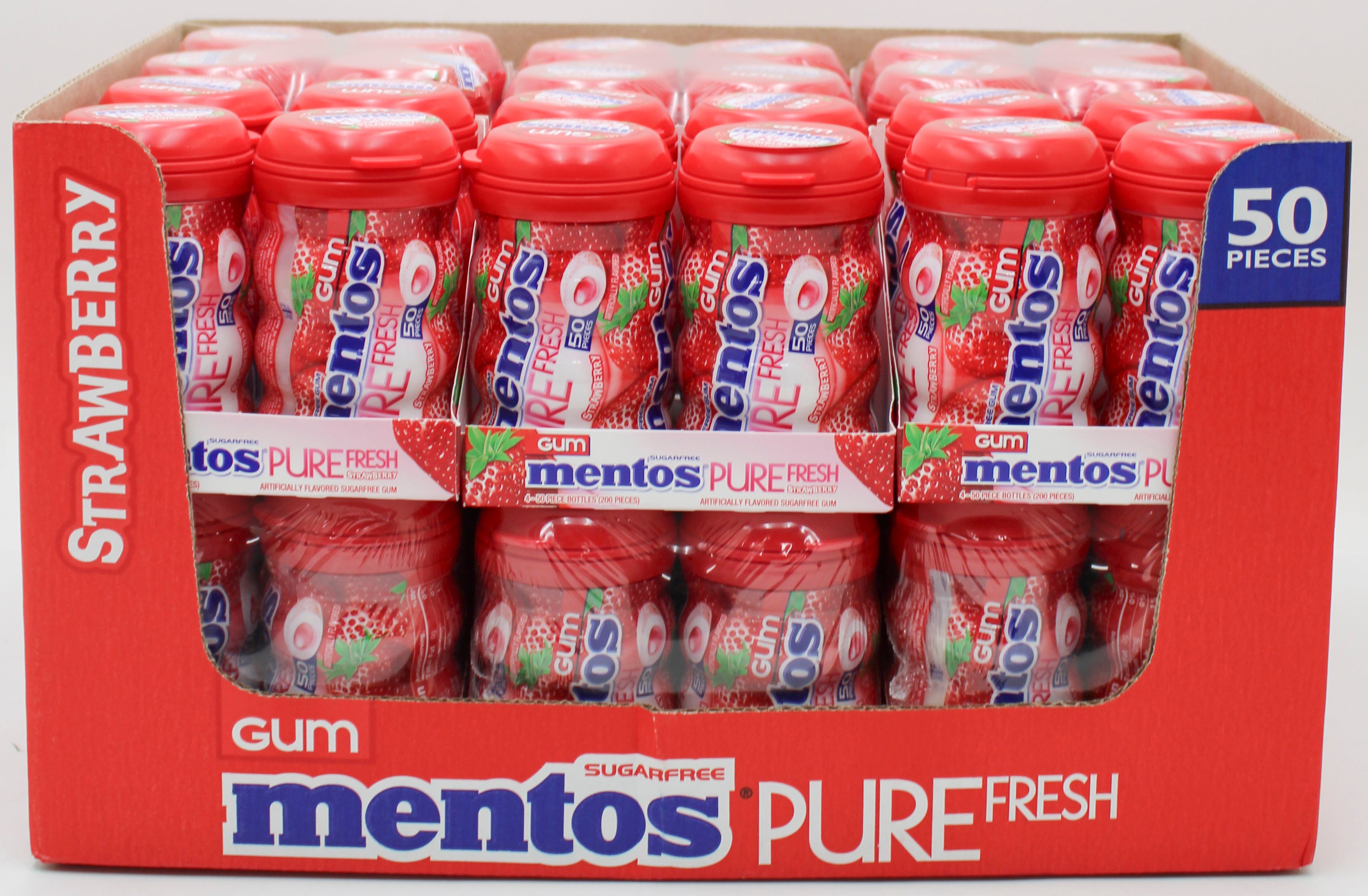 MENTOS PURE FRESH SUGAR-FREE CHEWING GUM, STRAWBERRY, 50-PIECE CURVY BOTTLE CLUB PACK BB 5/31/27 NI