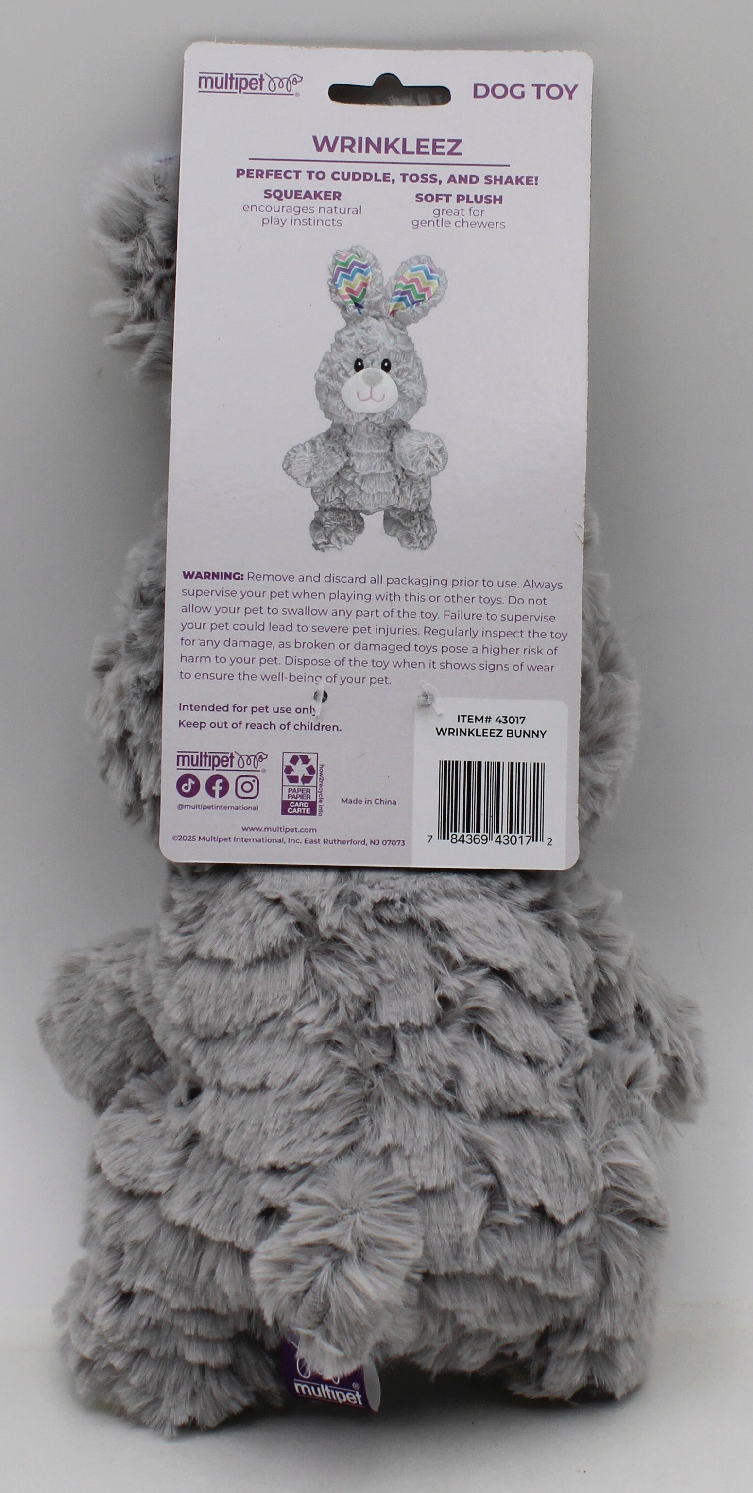 Multipet Wrinkleez Bunny Dog Toy 9"