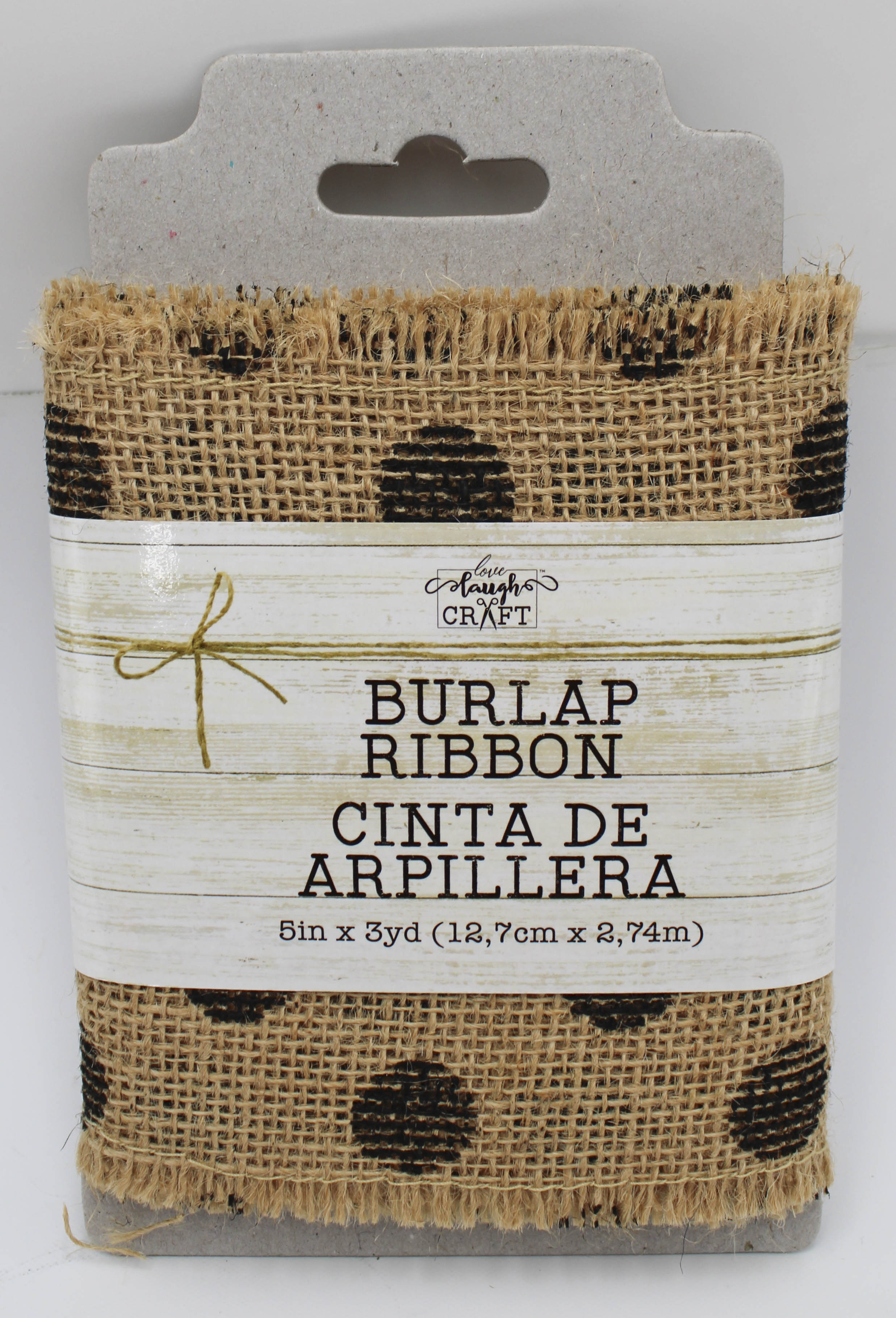 Natural Burlap Ribbon 5in x 3yd Frayed Edge Black Dot (Bulk)