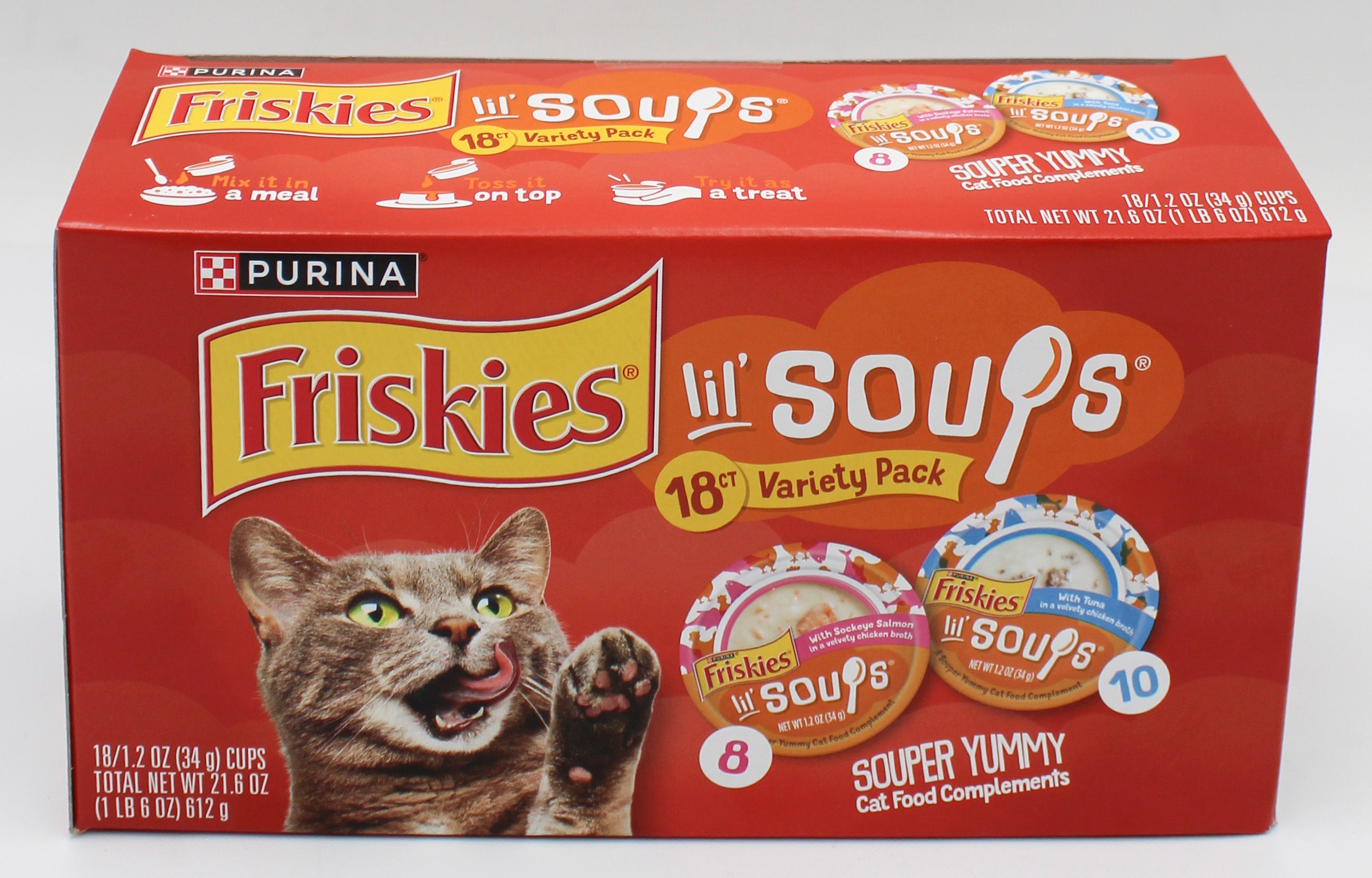 PURINA FRISKIES LIL SOUPS SALMON TUNA VARIETY PACK 1.2oz./18ct BB 2/28/27 NI