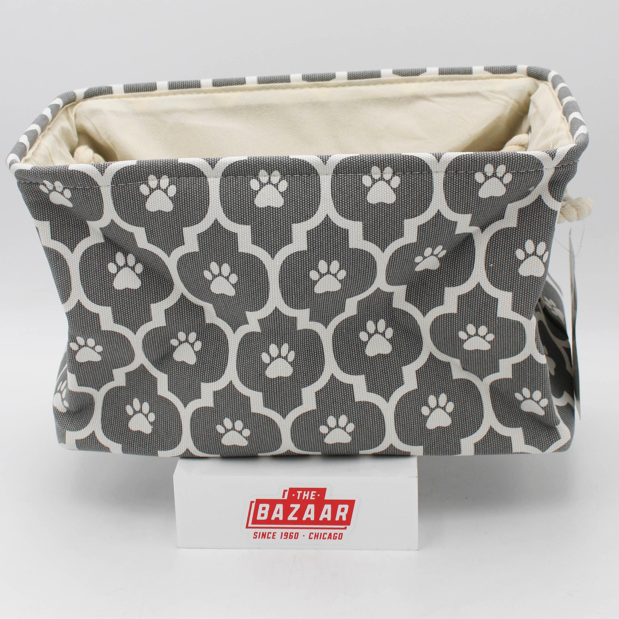 POLYESTER PET BIN LATTICE PAW GRAY RECTANGLE SMALL 14x8x9