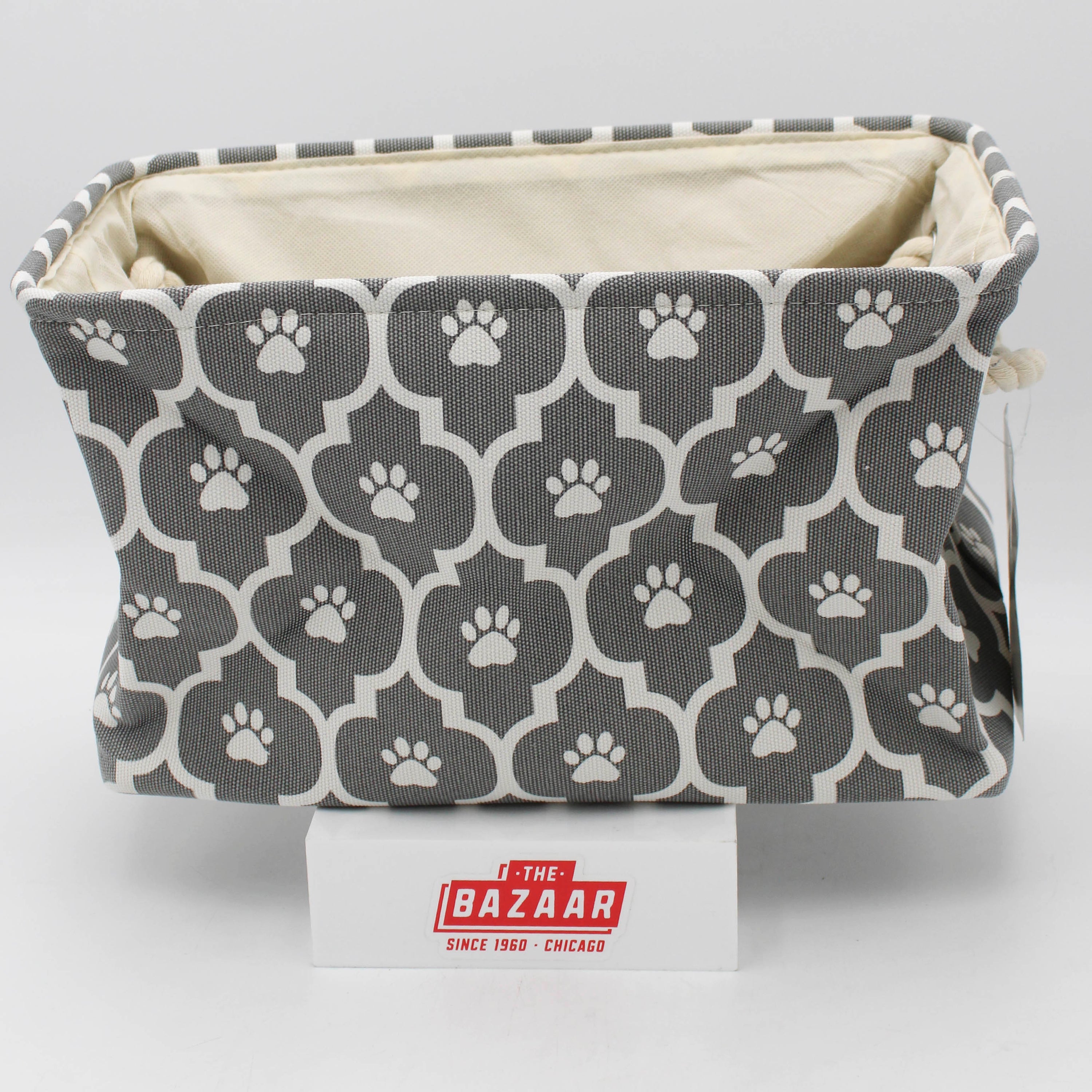 POLYESTER PET BIN LATTICE PAW GRAY RECTANGLE SMALL 14x8x9