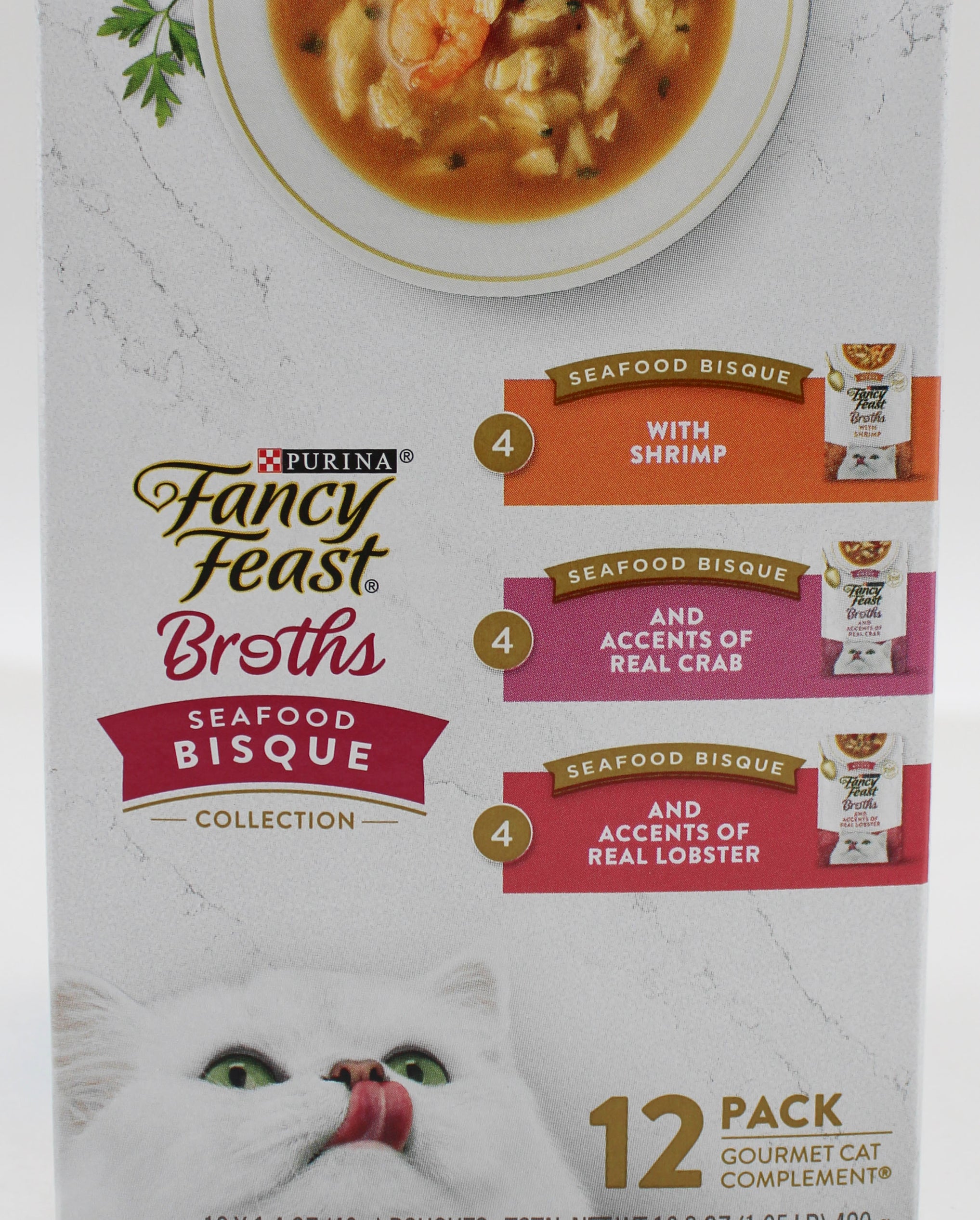 PURINA FANCY FEAST BROTHS SEAFOOD BISQUE & SHRIMP 1.4oz/12CT BB 2/28/2027 NI