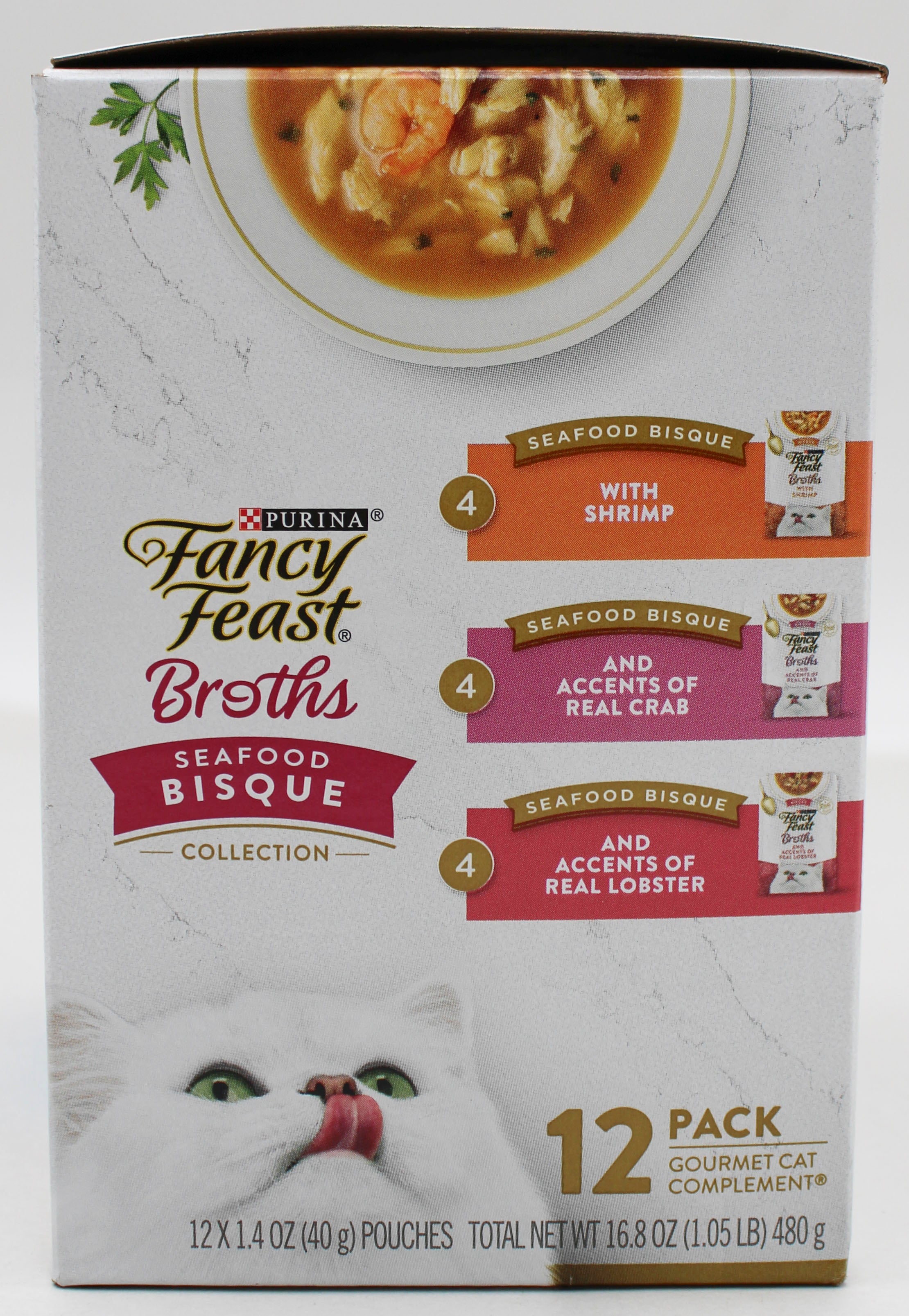PURINA FANCY FEAST BROTHS SEAFOOD BISQUE & SHRIMP 1.4oz/12CT BB 2/28/2027 NI