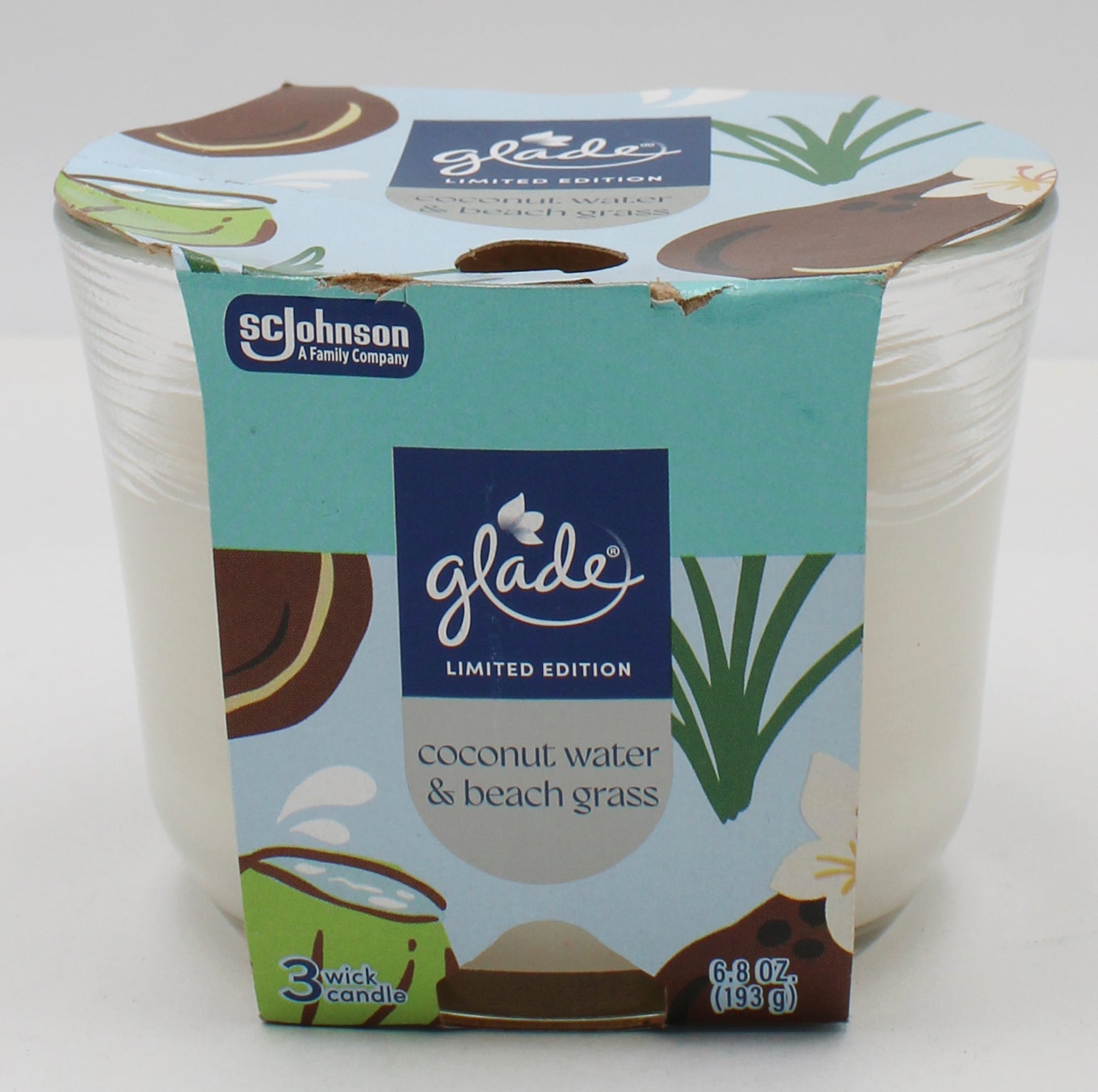 SP GLADE 3 WICK CANDLE 6.8oz COCONUT, WATER & BEACH GRASS