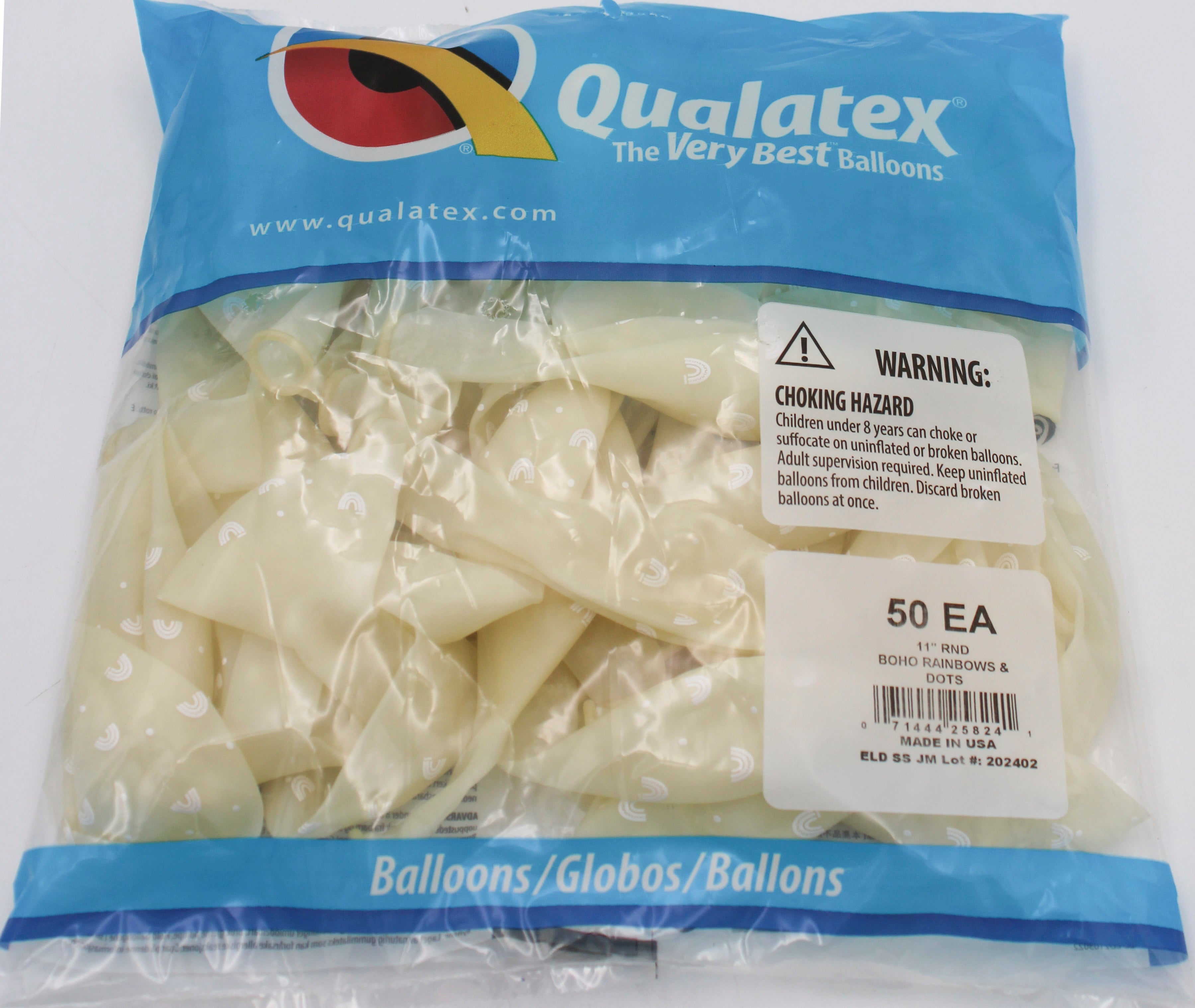 QX 11" Clear Latex Balloons Boho Rainbows & Dots 50-Pack