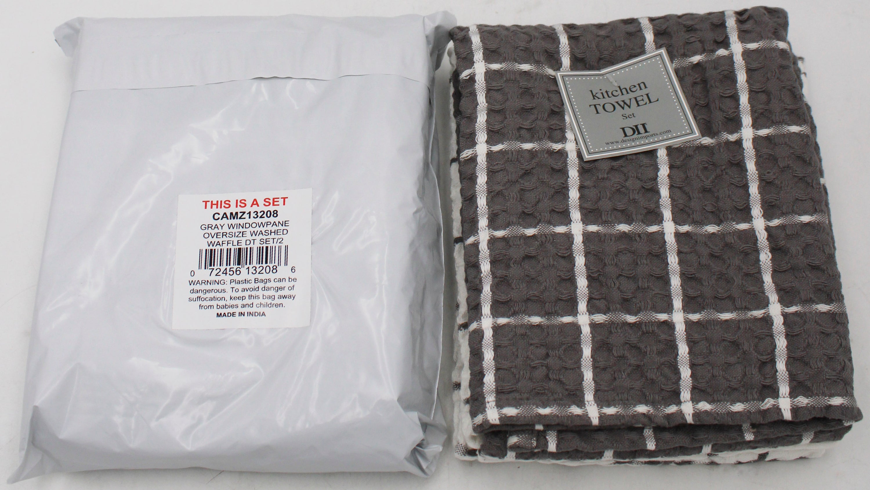 2CT DISHTOWEL SET-GRAY WINDOWPANE OVERSIZE WASHED WAFFLE