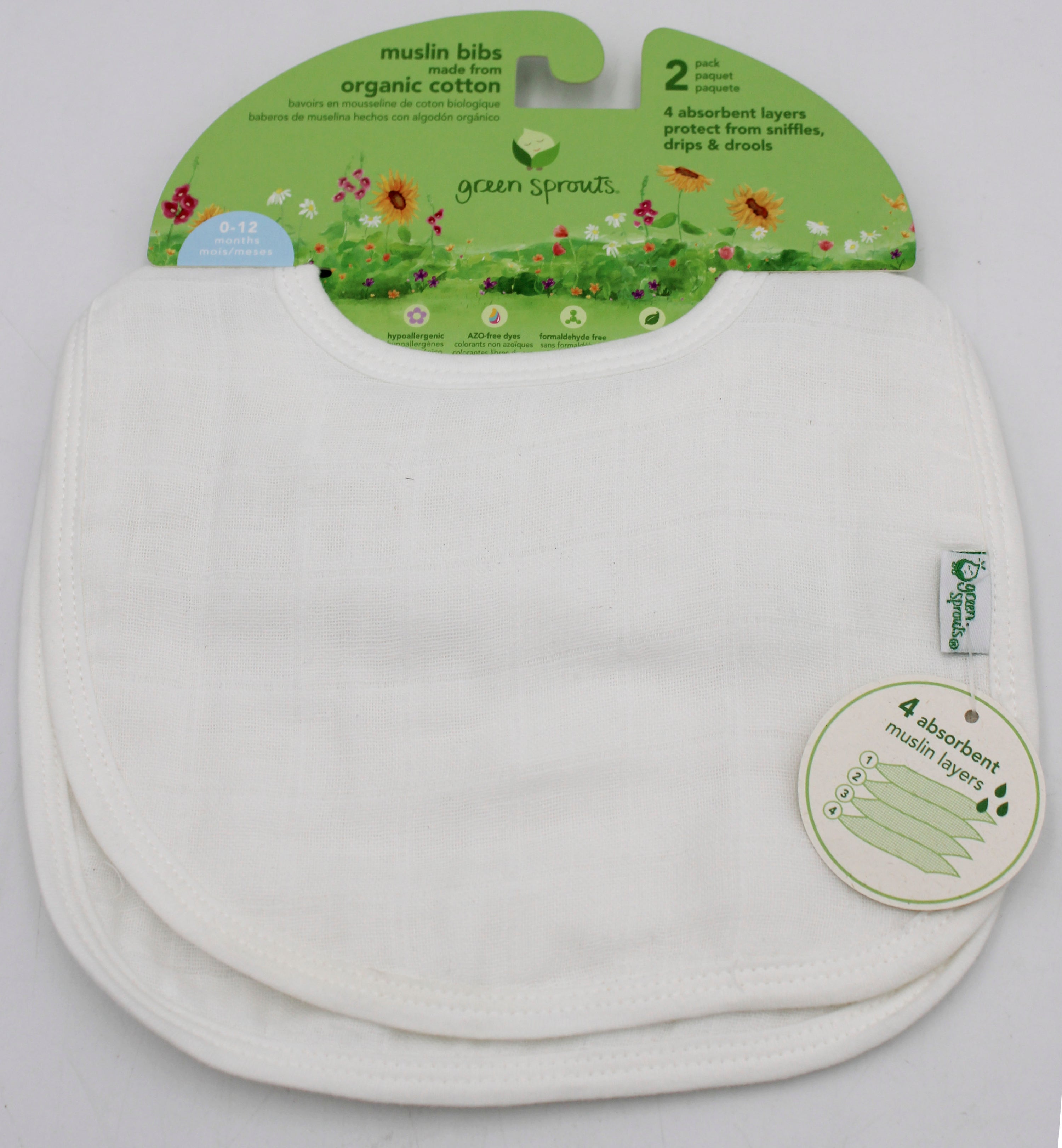 O2COOL 2PK MUSLIN BIBS -WHITE-0/12MO NI