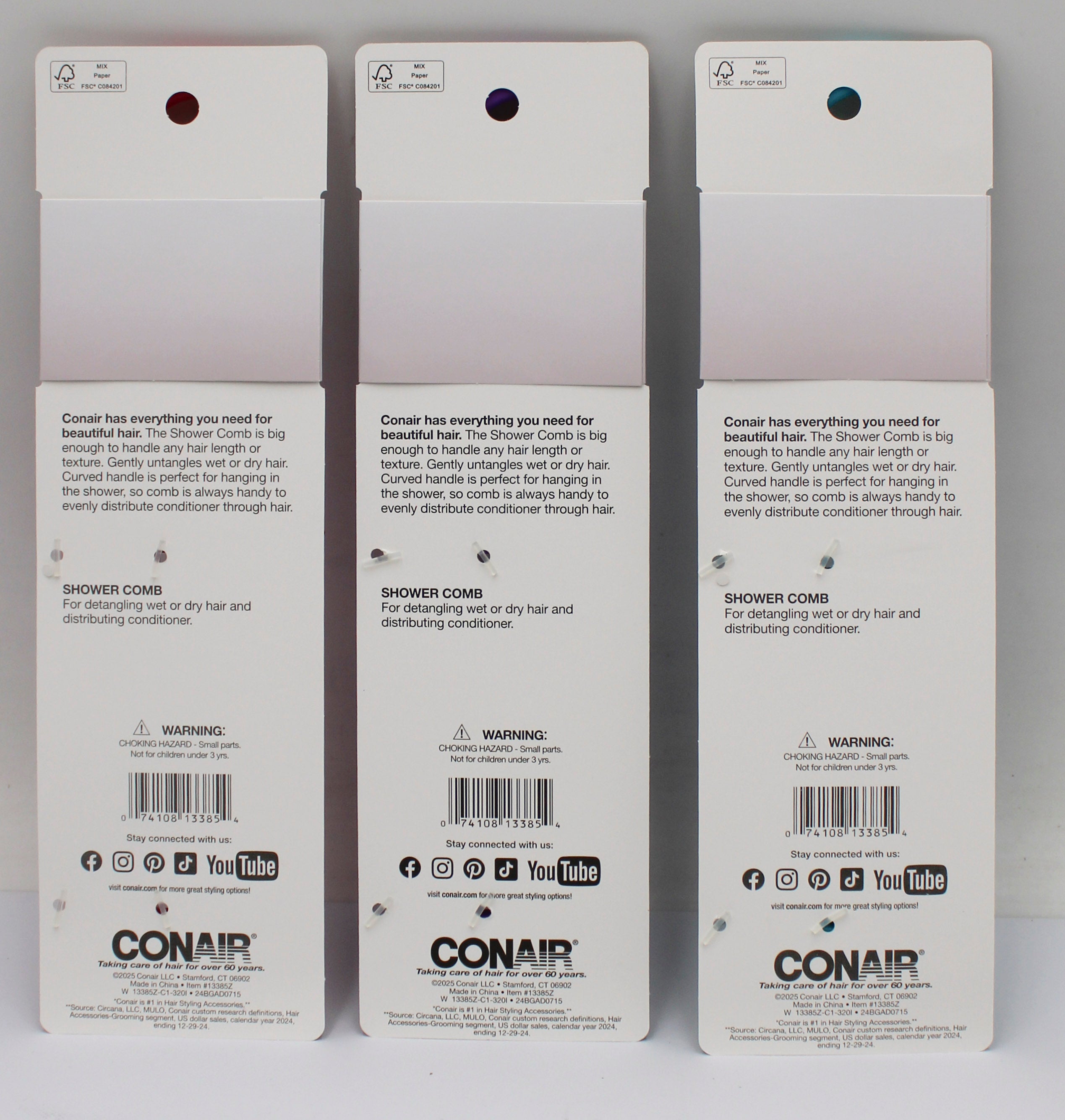 CONAIR CARDED SHOWER COMB - 3 ASSORTED COLORS NI