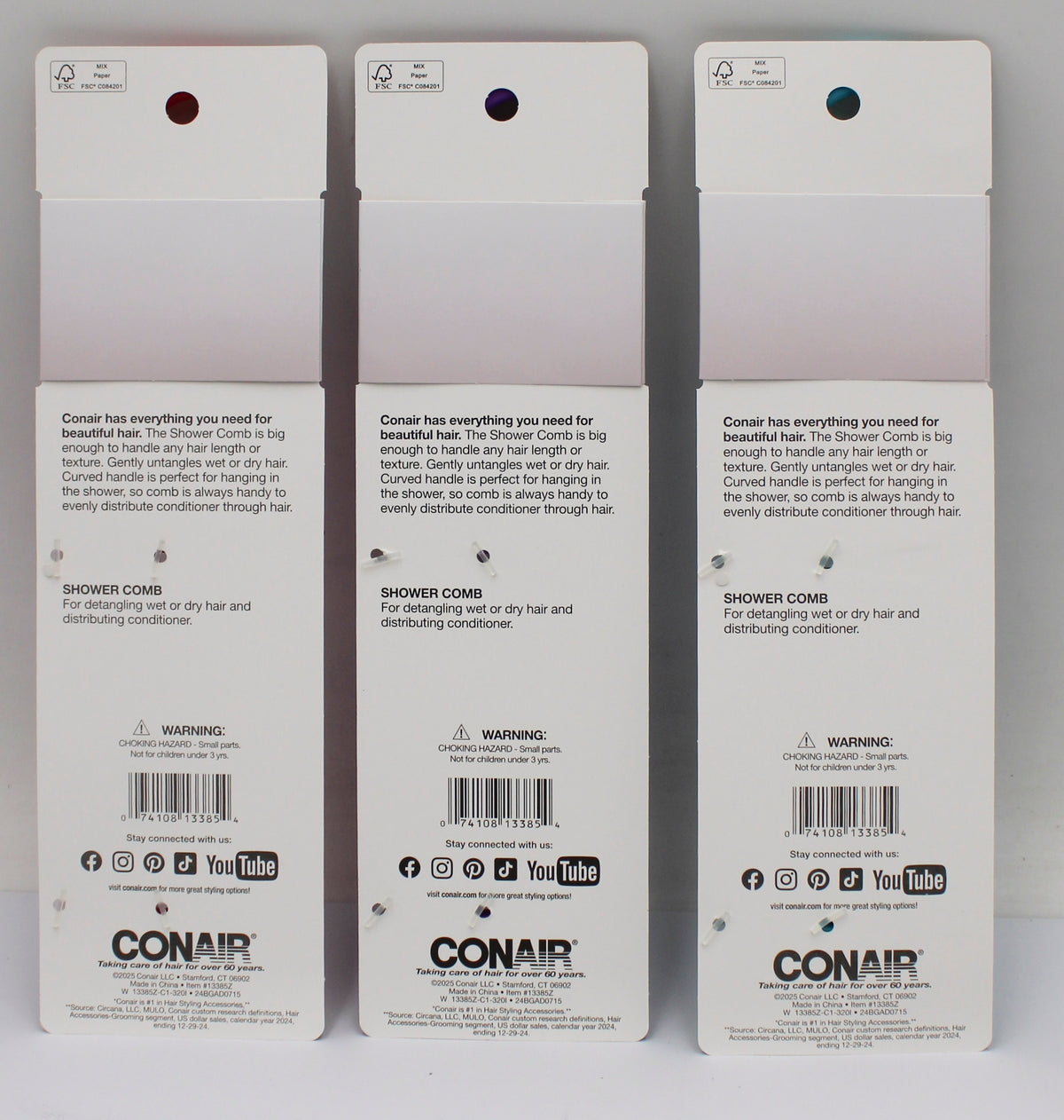 CONAIR CARDED SHOWER COMB - 3 ASSORTED COLORS NI