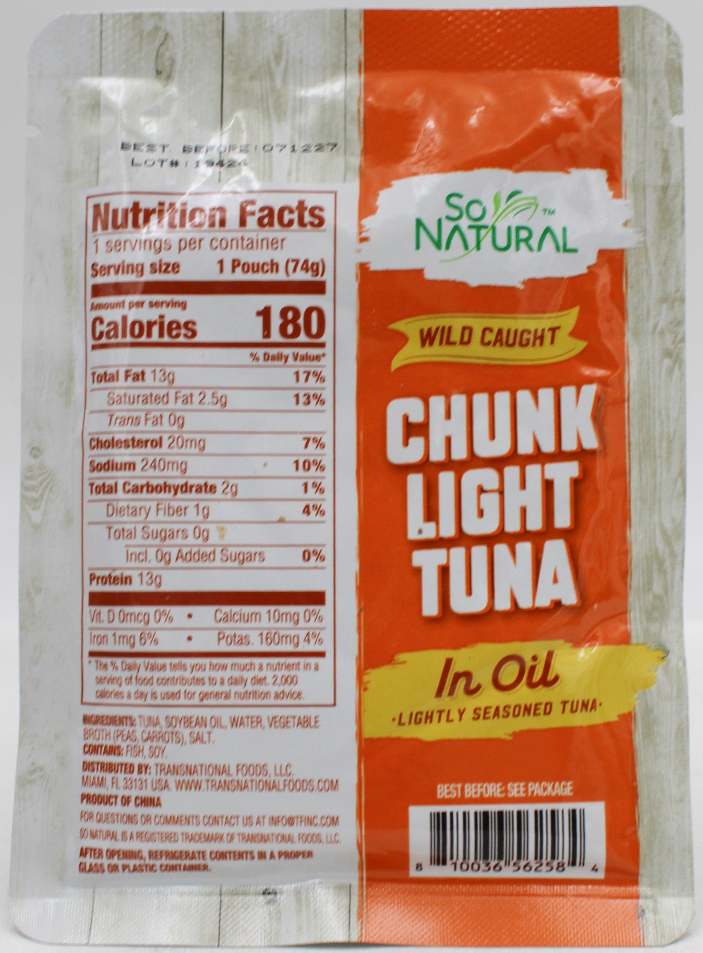 SO NATURAL CHUNK LIGHT TUNA IN OIL 2.6 Oz BB 7/12/27
