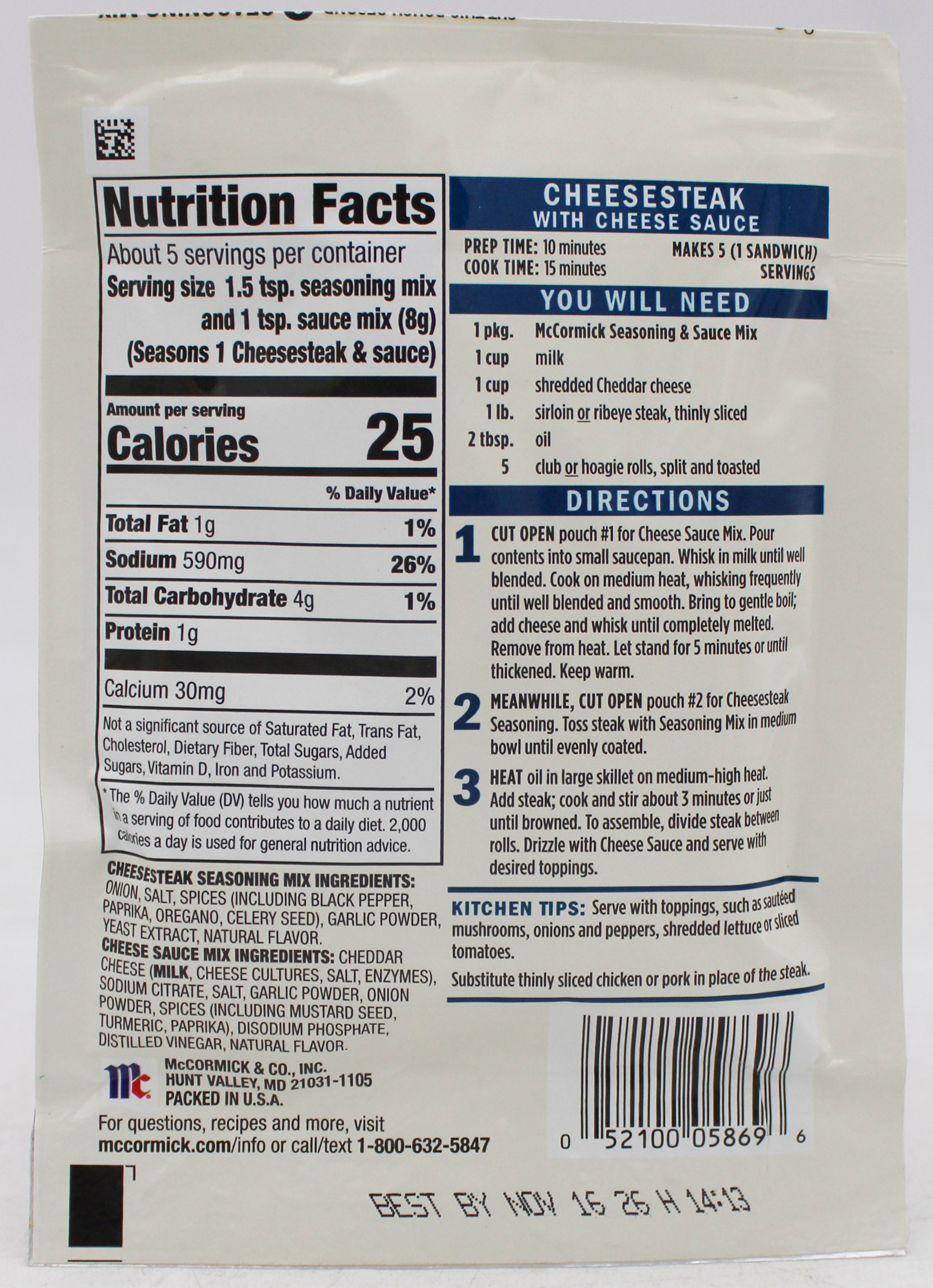 MCCORMICK SEASONING & SAUCE CHEESESTEAK WITH CHEESE SAUCE 1.37 OZ Best By  11/16/26