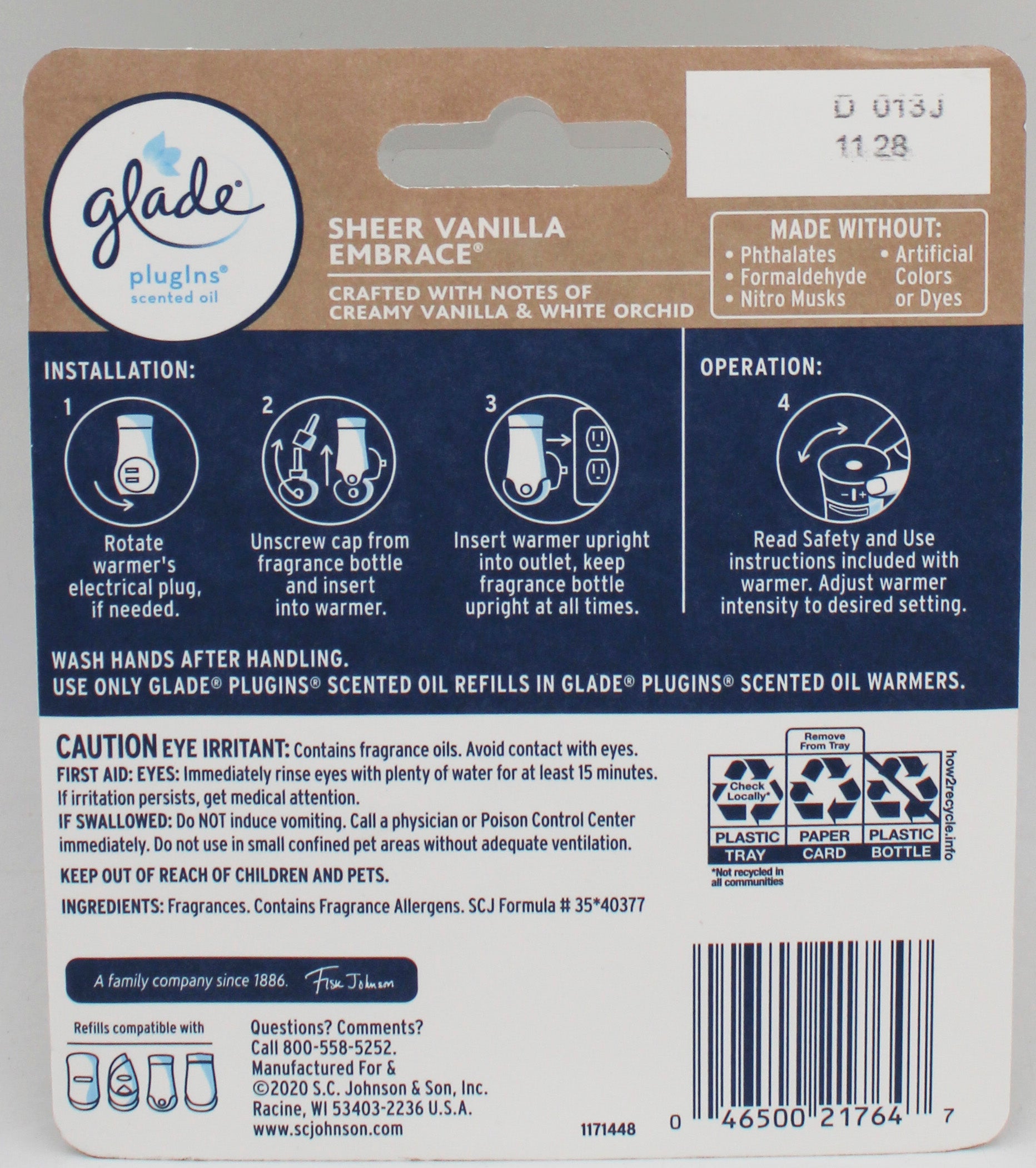 SP GLADE PLUGINS SCENTED OIL 2REFILLS 1.34oz SHEER VANILLA EMBRACE