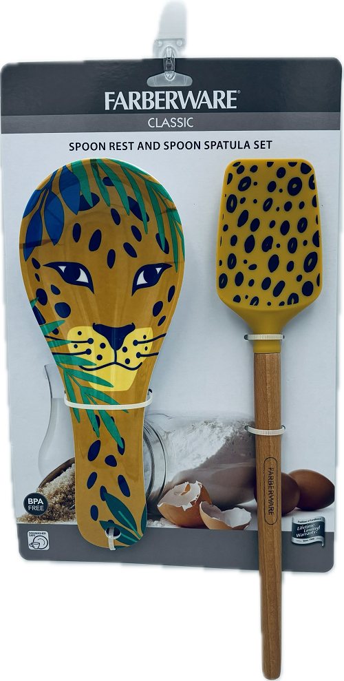 FARBERWARE SPOON REST AND SPOON SPATULA SET  CHEETAH  NI.