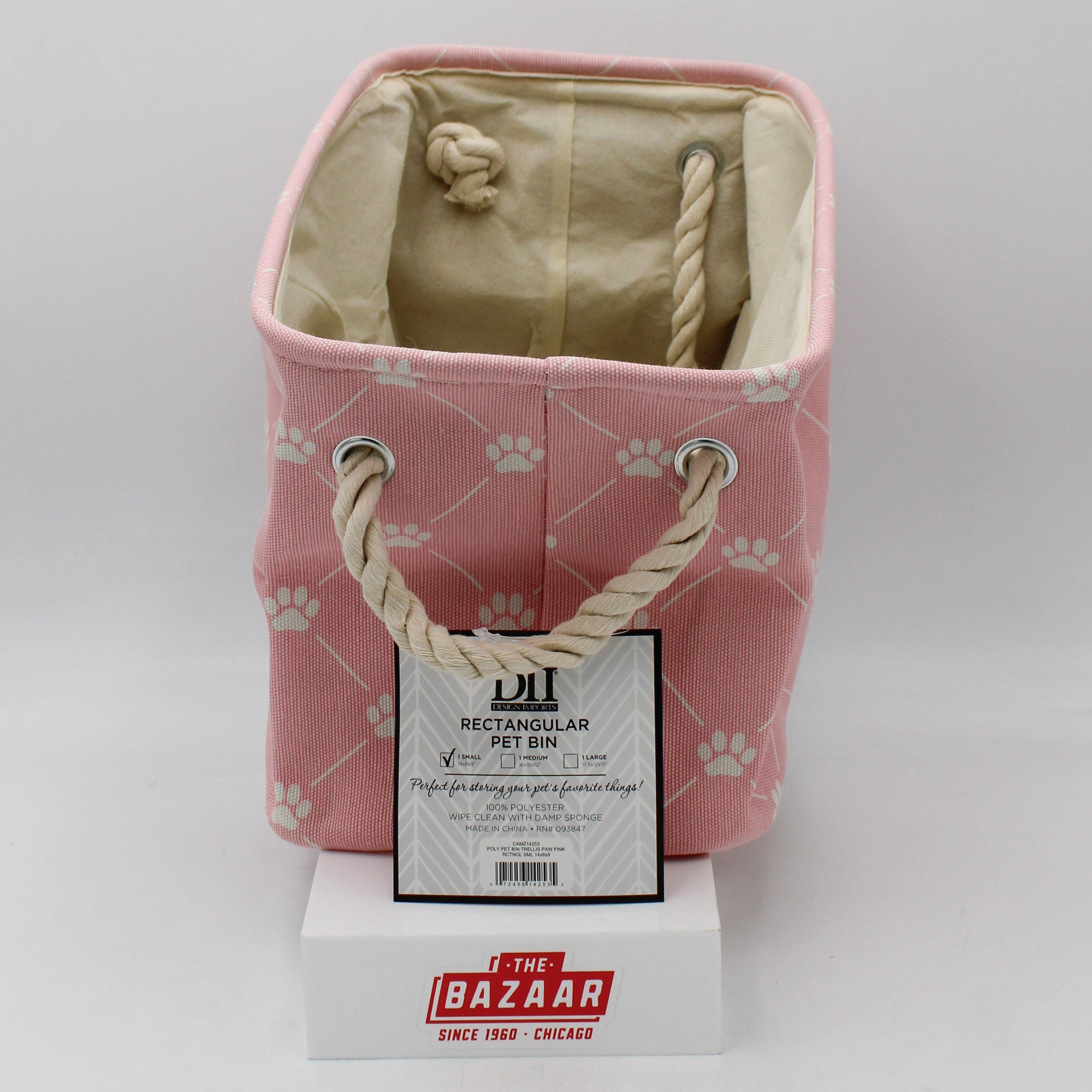 POLYESTER PET BIN TRELLIS PAW PINK RECTANGLE SMALL 14x8x9