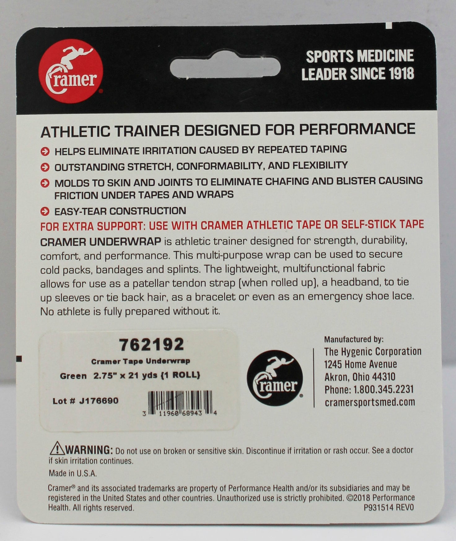 CRAMER ATHLETIC TAPE UNDERWRAP 2 3/4 " X  21YD, GREEN