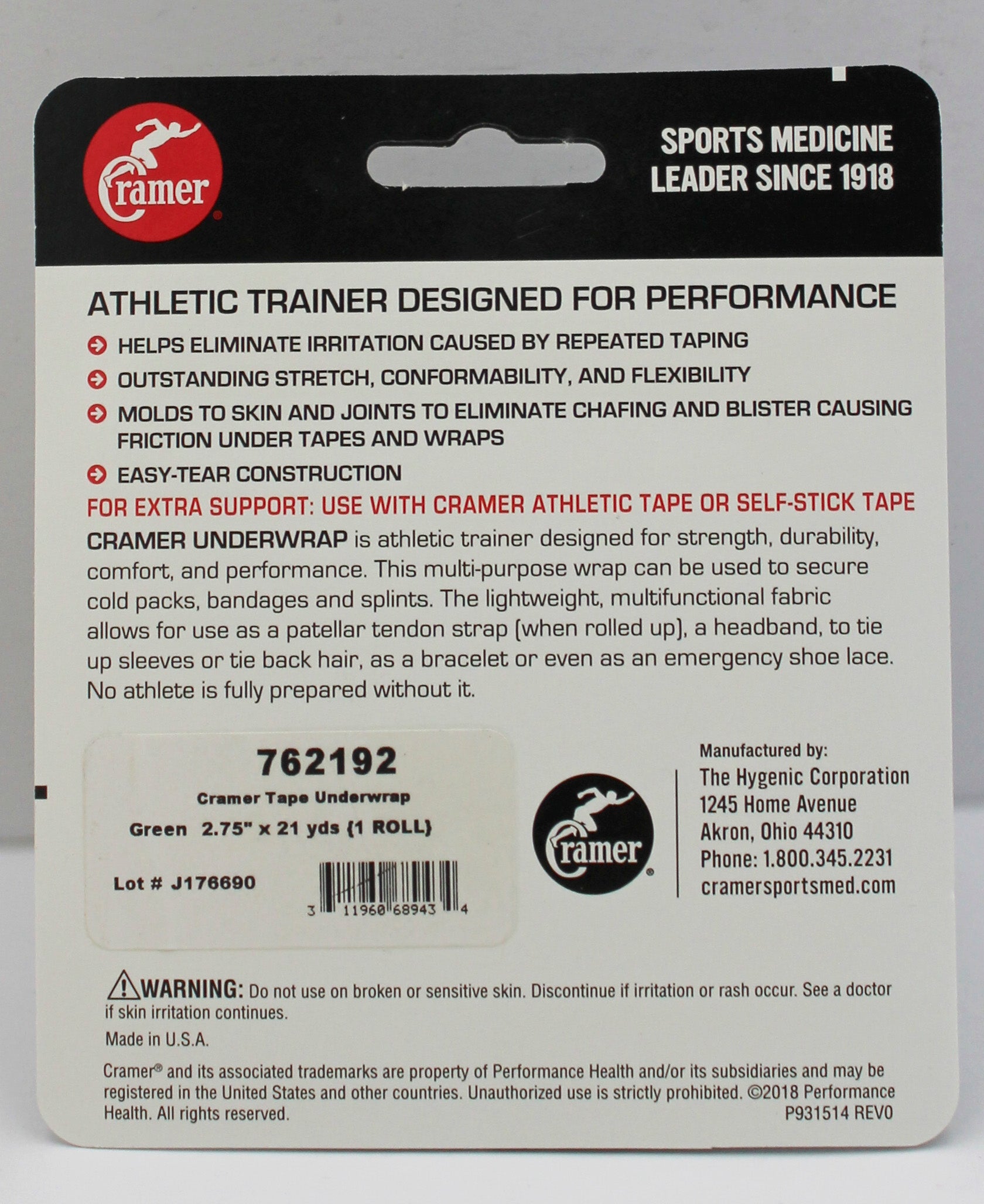 CRAMER ATHLETIC TAPE UNDERWRAP 2 3/4 " X  21YD, GREEN