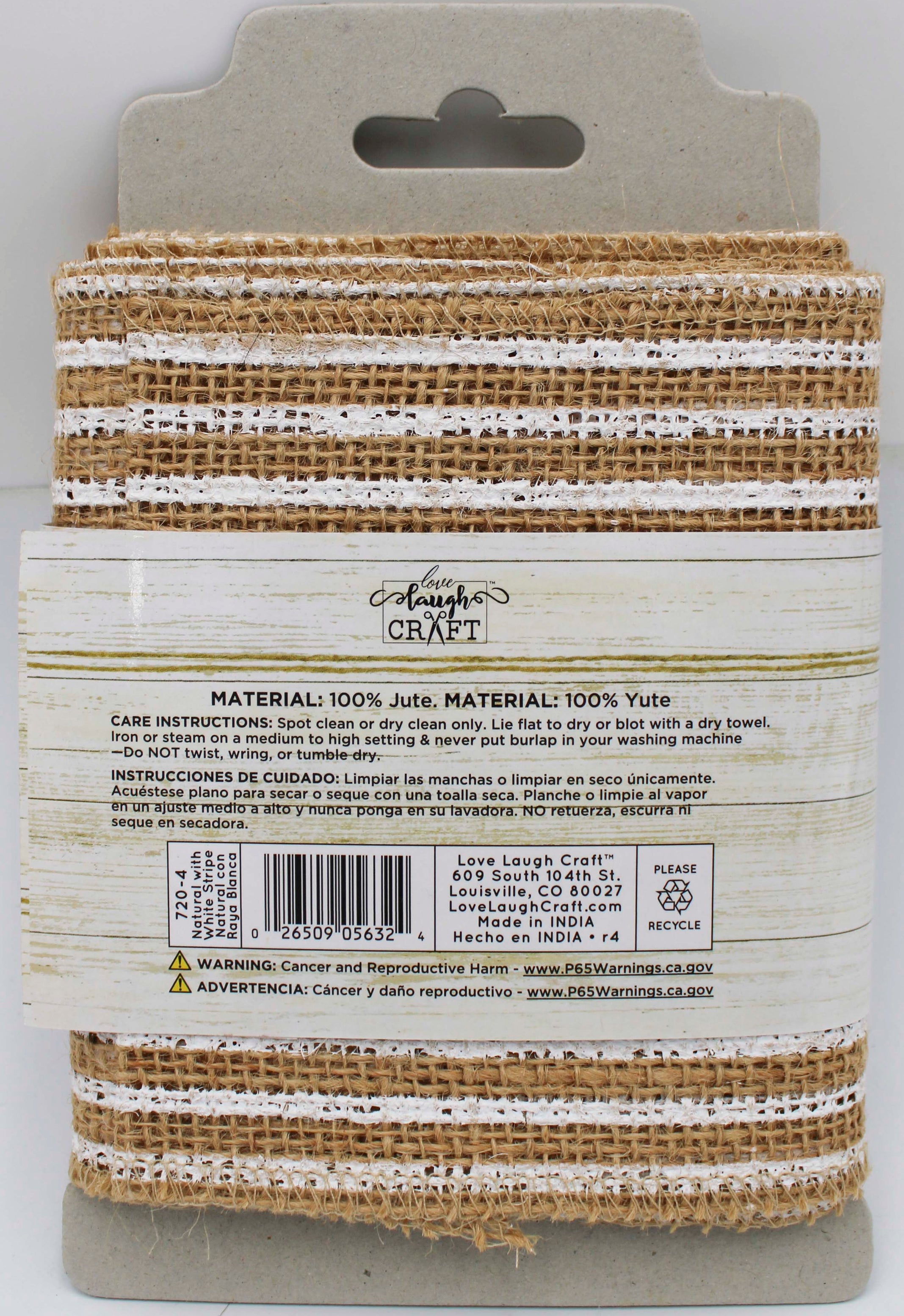 5 IN   X 3 YD   NATURAL BURLAP RIBBON - FRAYED EDGES - WHITE SCREENPRINT STRIPE