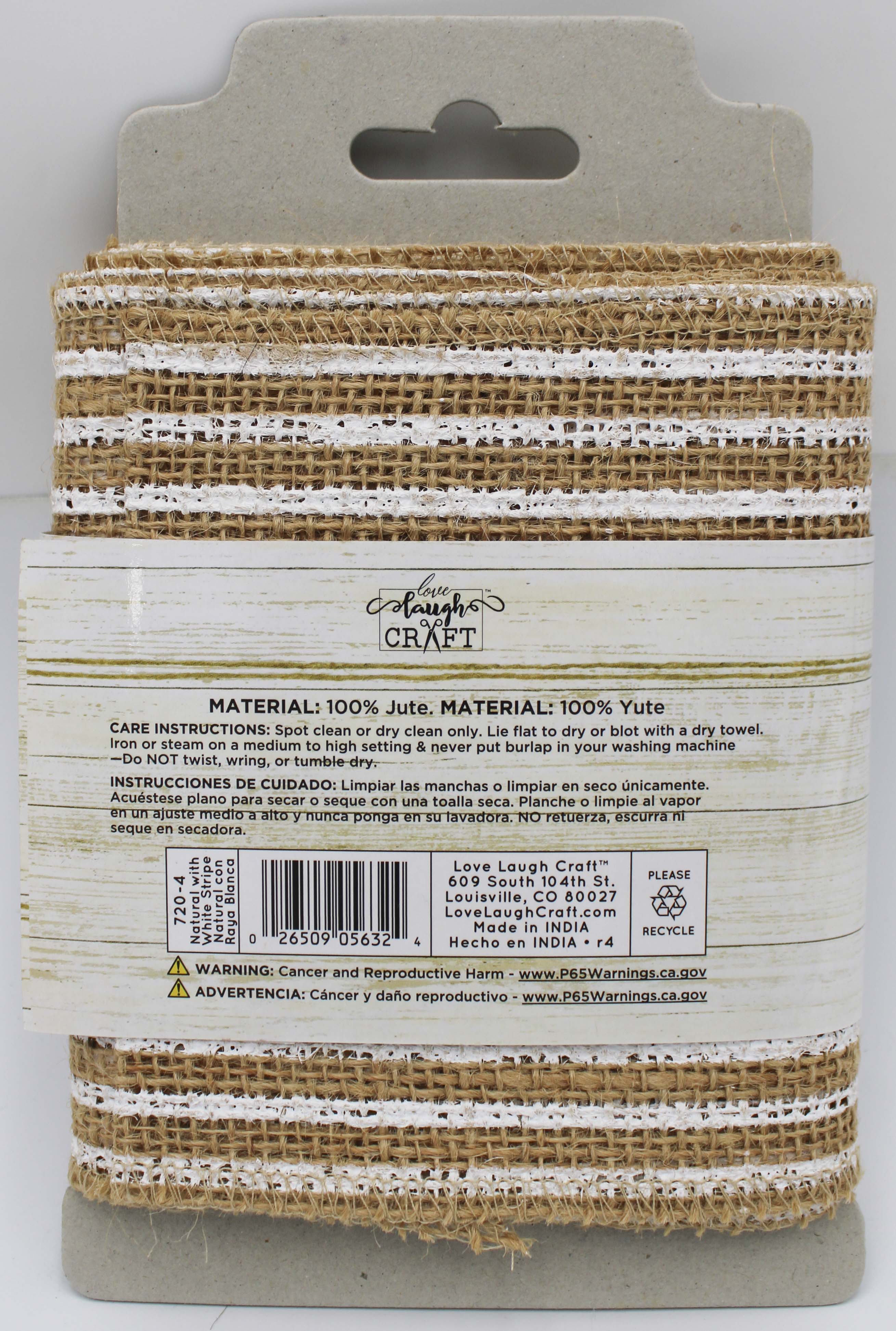 5 IN   X 3 YD   NATURAL BURLAP RIBBON - FRAYED EDGES - WHITE SCREENPRINT STRIPE