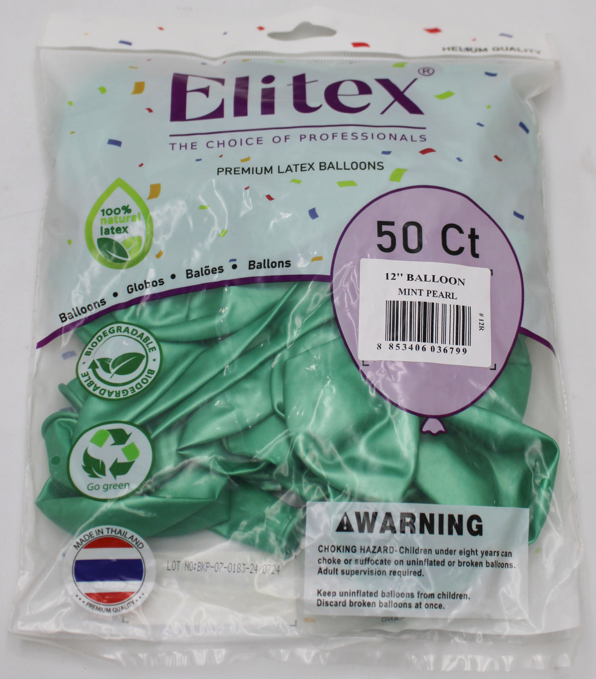 ELITEX 12" MINT PEARL ROUND BALLOON, 50 PACK