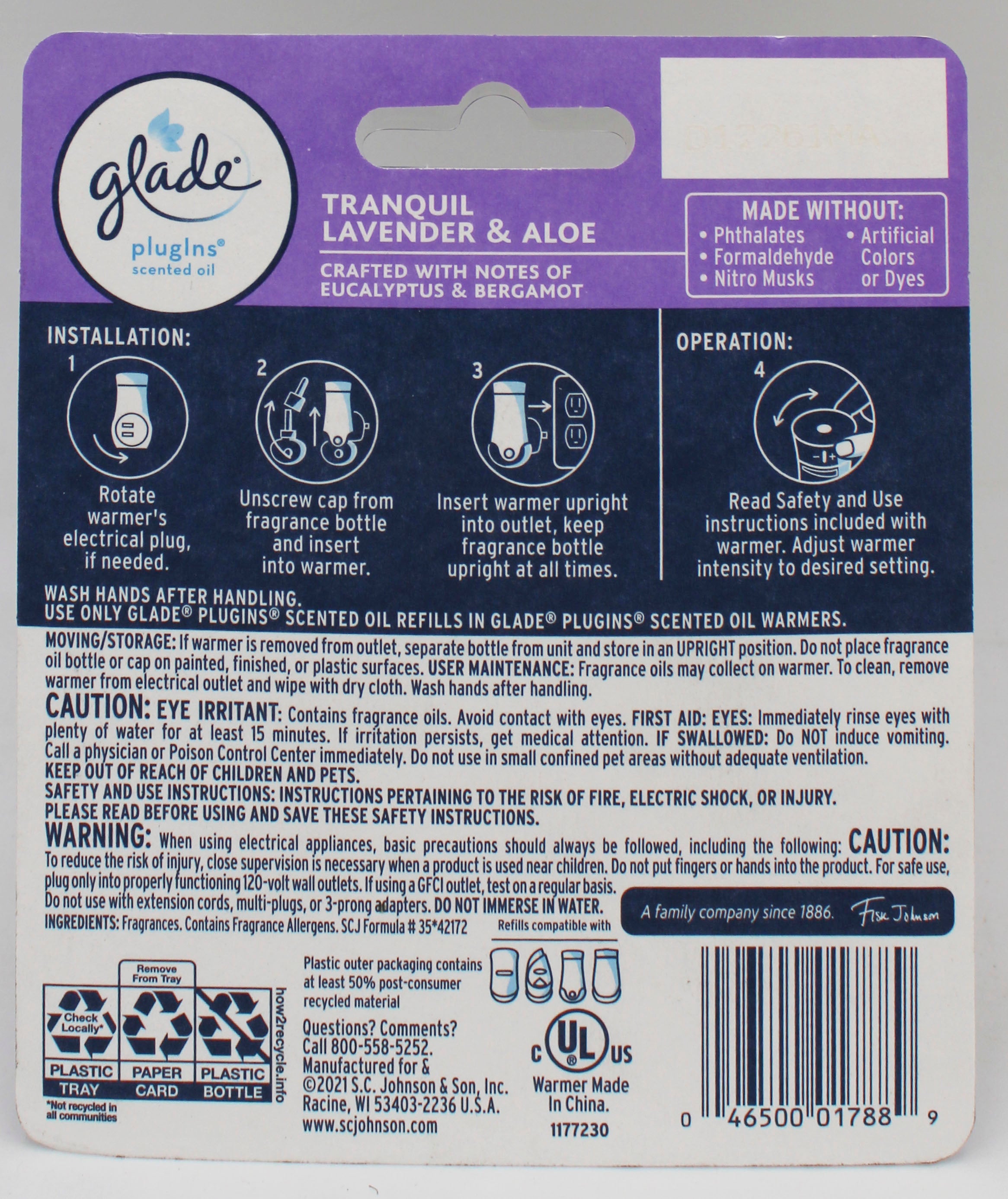 SP GLADE PLUGINS SCENTED OIL TRANQUIL LAVENDER & ALOE 1 WARMER & 1 REFILL 0.67floz
