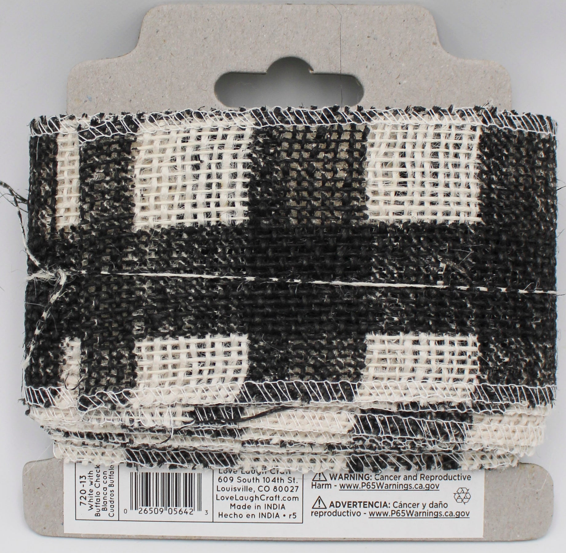2.5 IN   X 3 YD   WHITE BURLAP RIBBON - FRAYED EDGES - BLACK SCREENPRINT BUFFALO CHECK