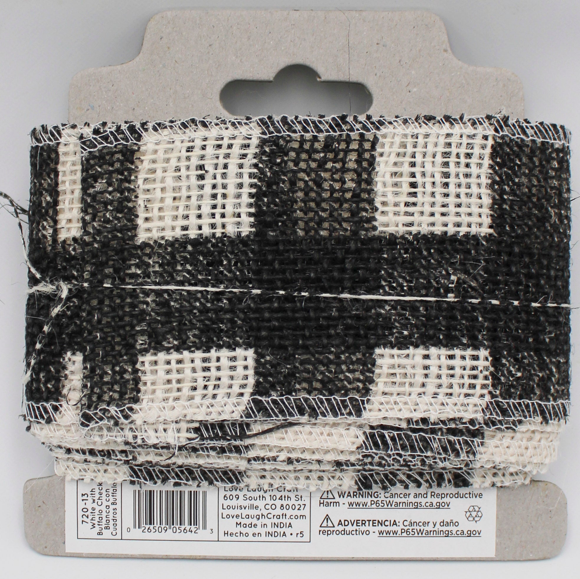 2.5 IN   X 3 YD   WHITE BURLAP RIBBON - FRAYED EDGES - BLACK SCREENPRINT BUFFALO CHECK