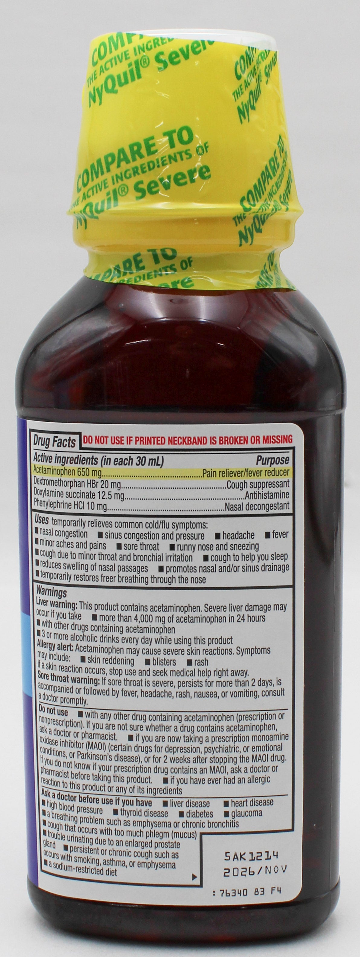 RITE AID NIGHTTIME SEVERE COLD & FLU RELIEF MAXIMUM STRENGTH BERRY 12oz EXP 11/30/2026 COMPARES TO NyQuil