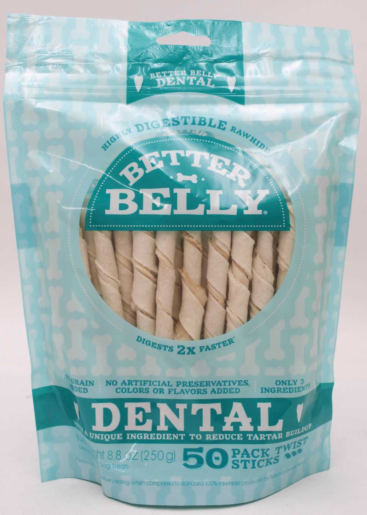 BETTER BELLY RAWHIDE DENTAL TWIST STICKS 50CT BB 5/4/2027 NI