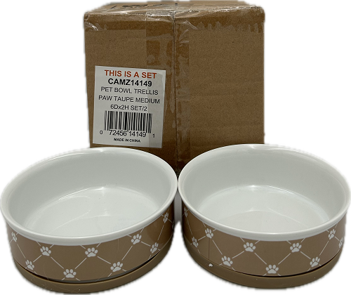 PET BOWL - TRELLIS PAW TAUPE - MEDIUM 6Dx2H SET/2