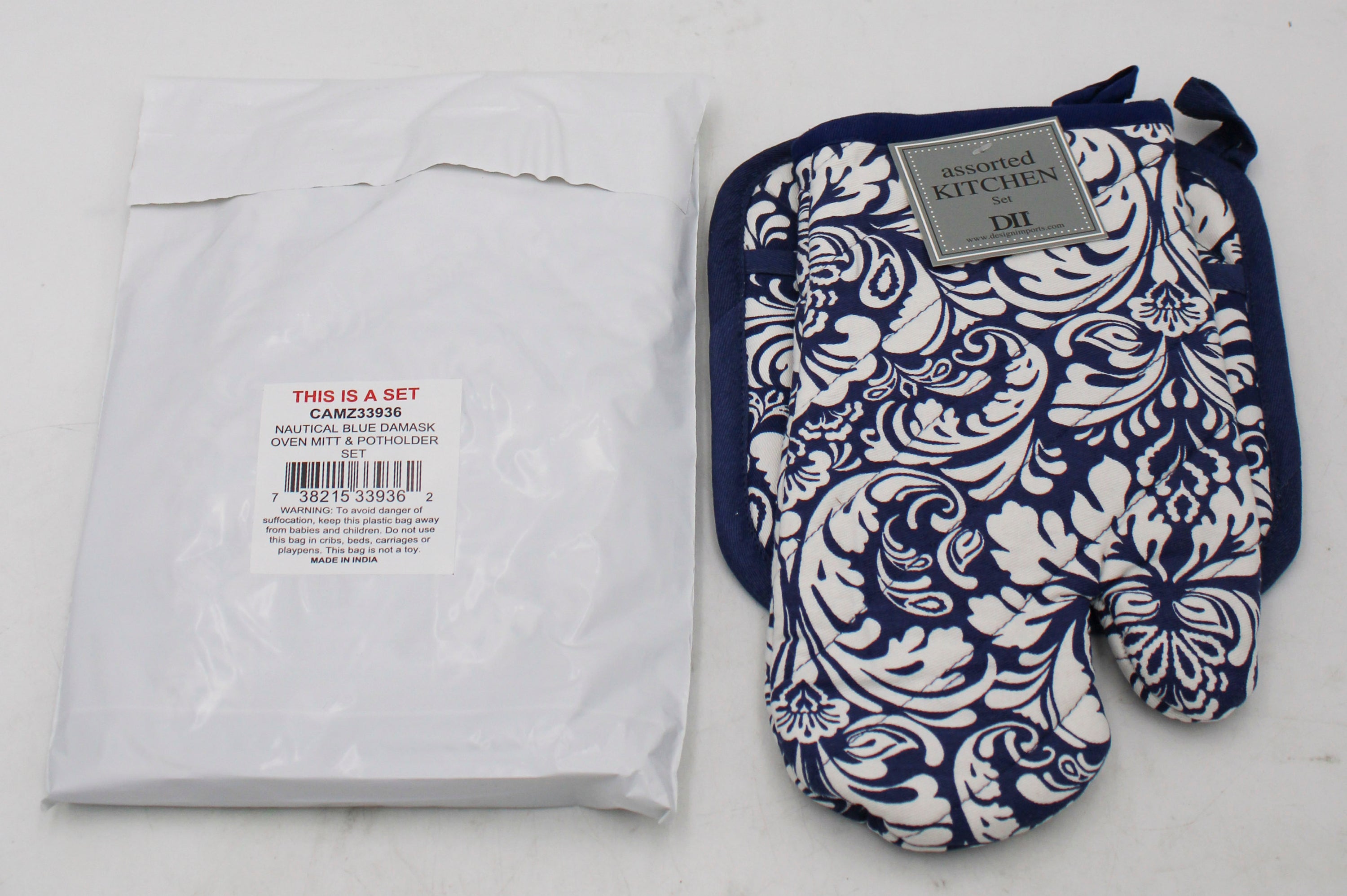 2 CT OVEN MITT & POTHOLDER SET -NAUTICAL BLUE DAMASK