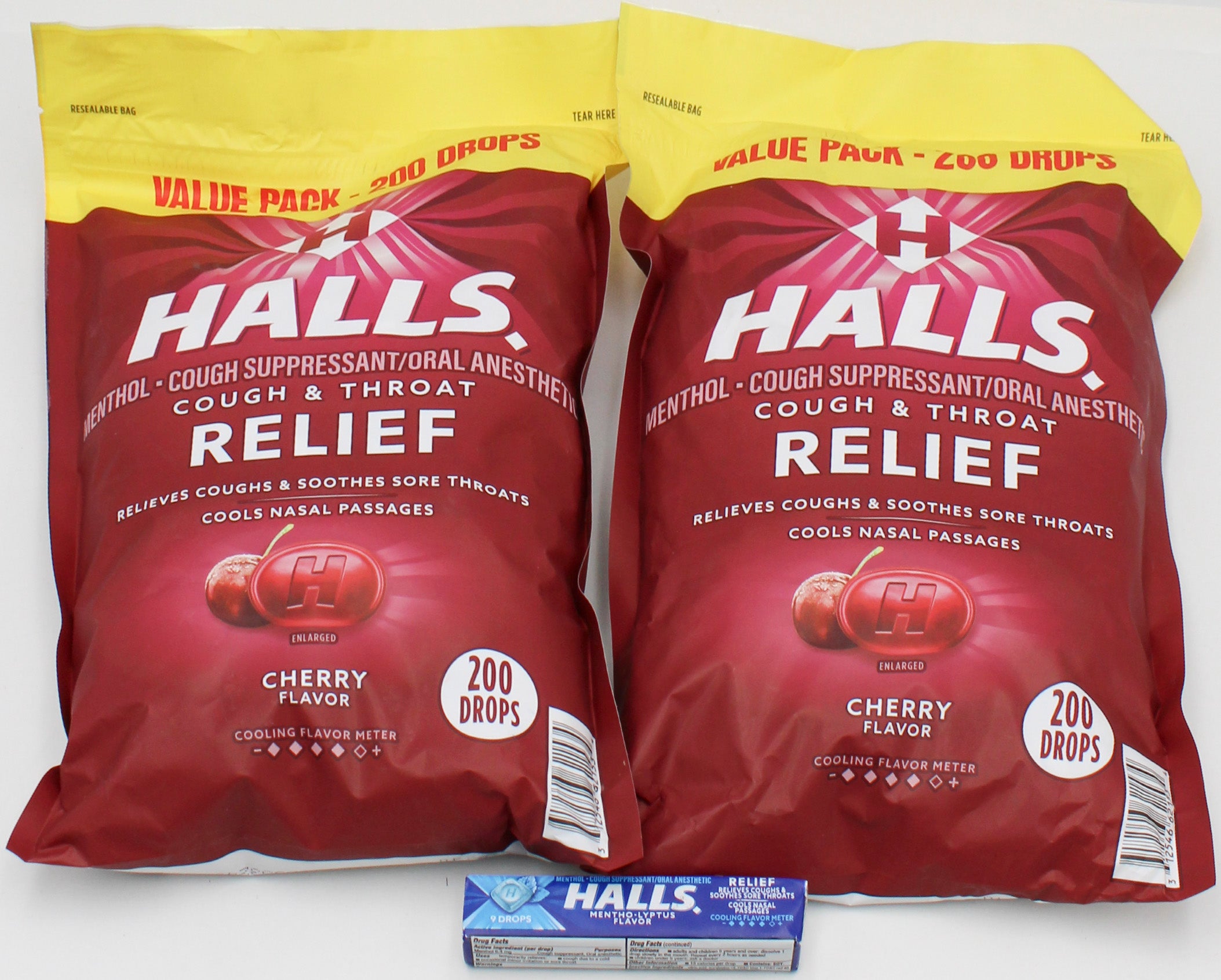 HALLS COUGH DROPS CHERRY 2pk 200ct BAGS + FREE 9 DROPS STICK BB 11/8/26