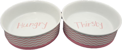 PET BOWL  HUNGRY / THIRSTY LARGE 7.5Dx2.4H  CHEVRON PINK