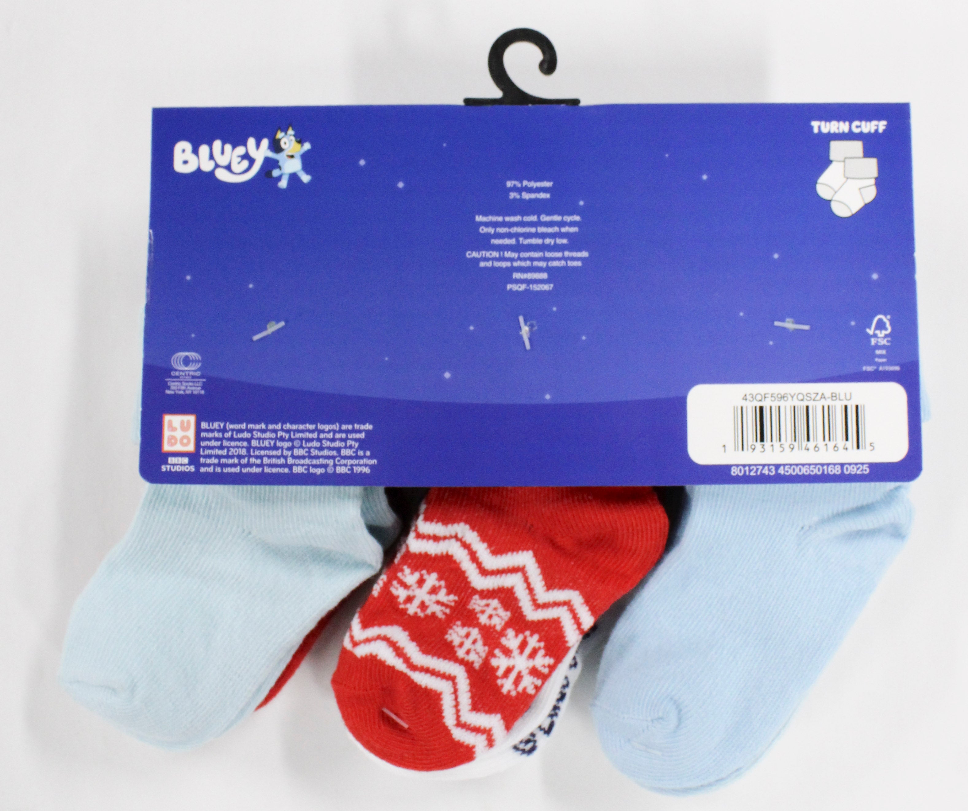 6pk 12-24m BOYS BLUEY CHEERS TO XMAS TURN CUFF SOCKS