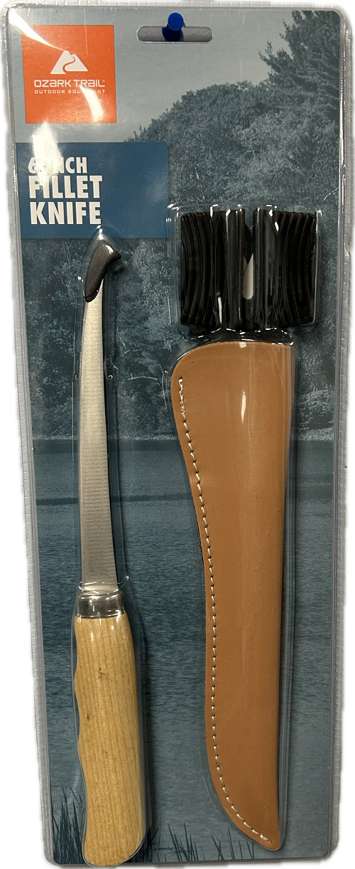 OZARK TRAIL 6" WOOD HANDLE FILLET KNIFE W/SHEATH/SHARPENER