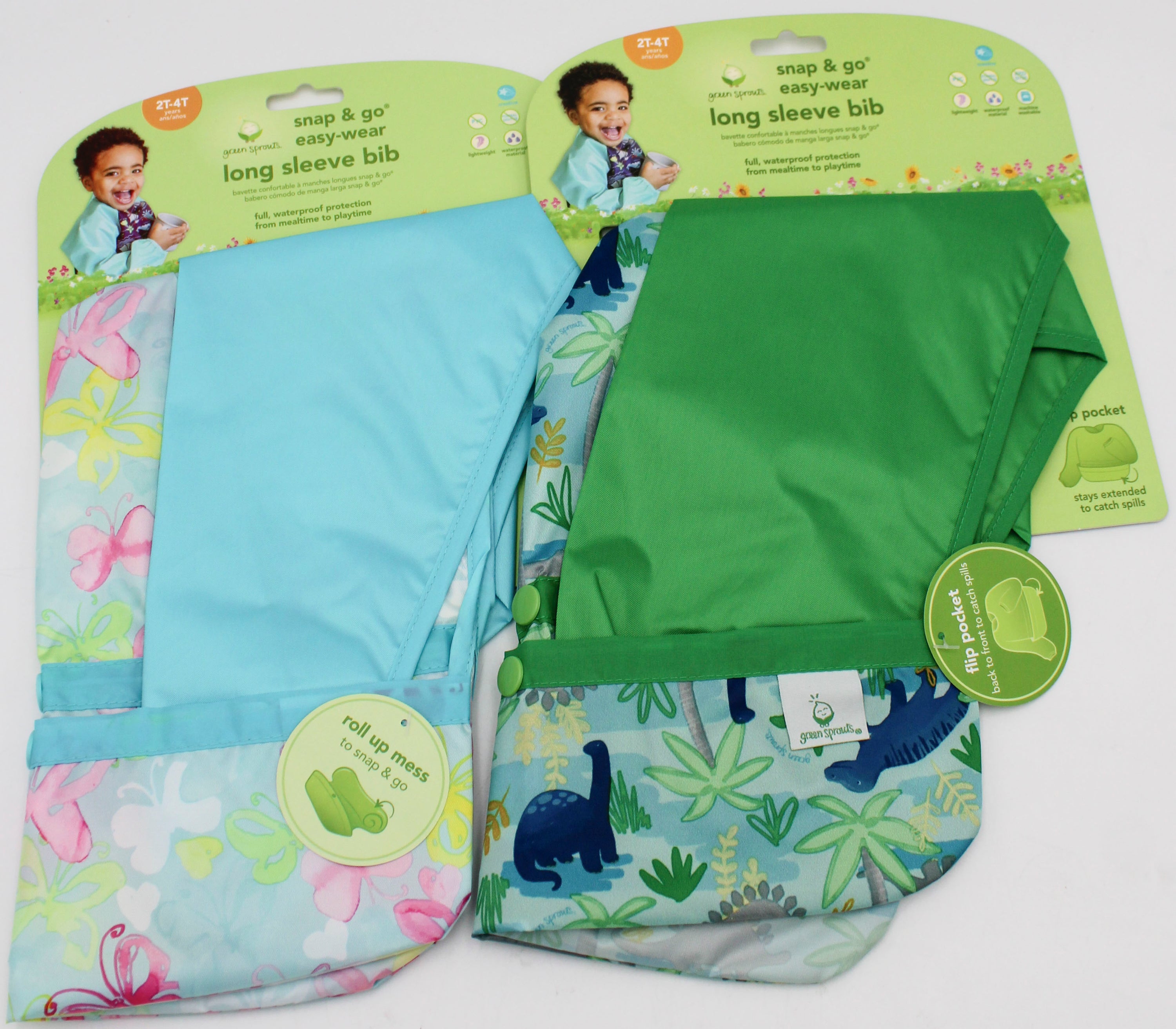 O2COOL SNAP & GO EASY WEAR LONG SLEEVE BIB -AQUA WATERCOLOR BUTTERFLIES & AQUA DINO JUNGLE - 2T-4T NI