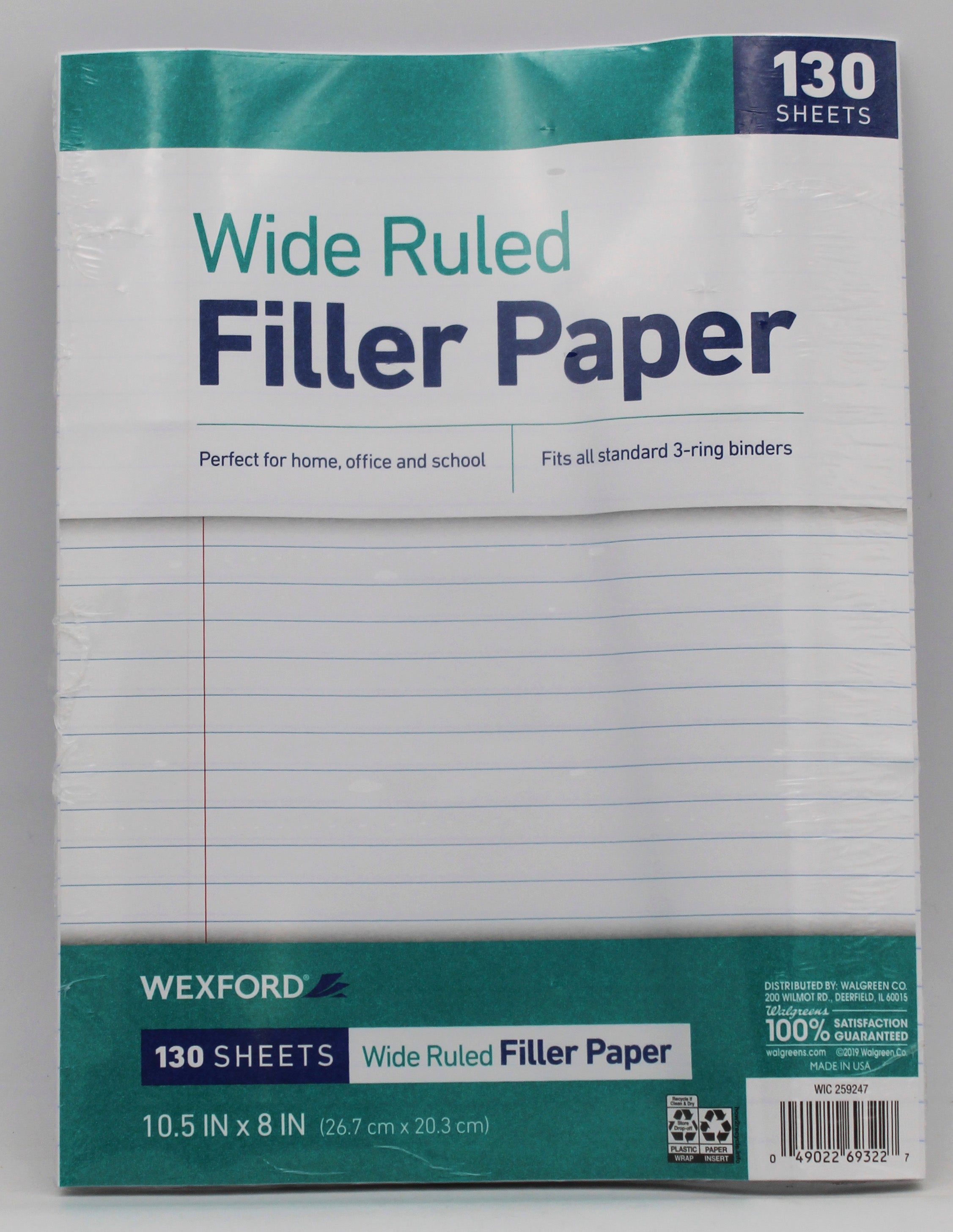 WEXFORD 8.5" X 10.5" WIDE RULED FILLER PAPER, 130 SHEETS