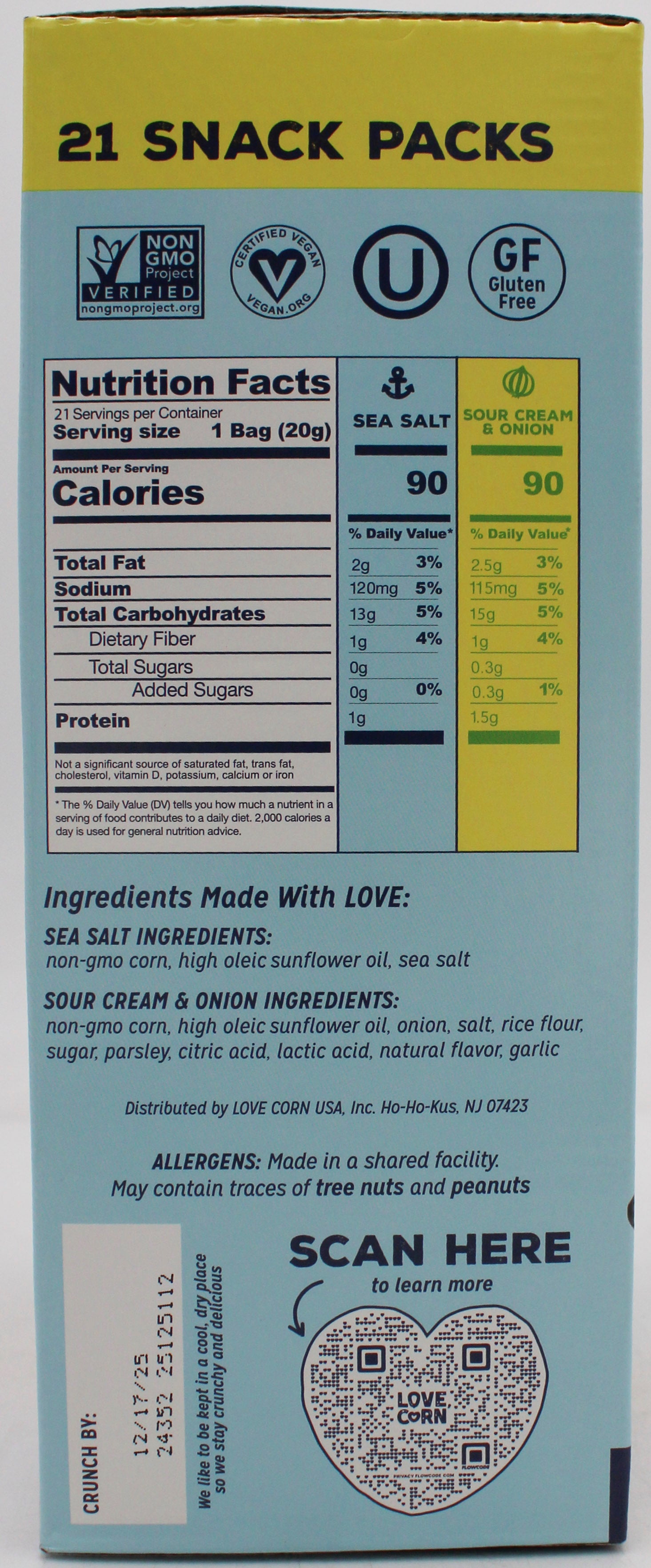 LOVE CORN 21 CT VARIETY PACK SEA SALT & SOUR CREAM ONION  BB 12/18/25