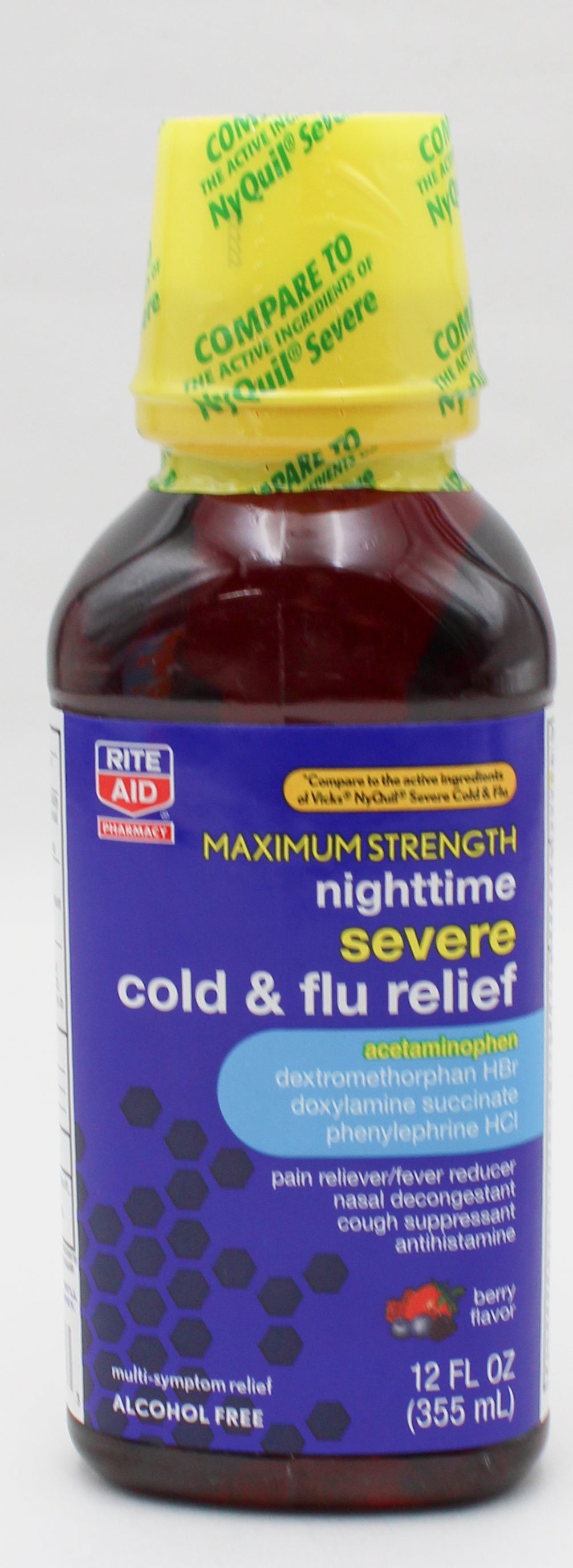 RITE AID NIGHTTIME SEVERE COLD & FLU RELIEF MAXIMUM STRENGTH BERRY 12oz EXP 11/30/2026 COMPARES TO NyQuil